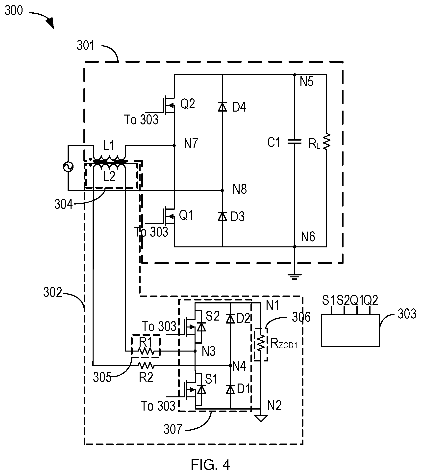 Patent US12614973 Figure 4 – Bidirectional bridgeless PFC circuit