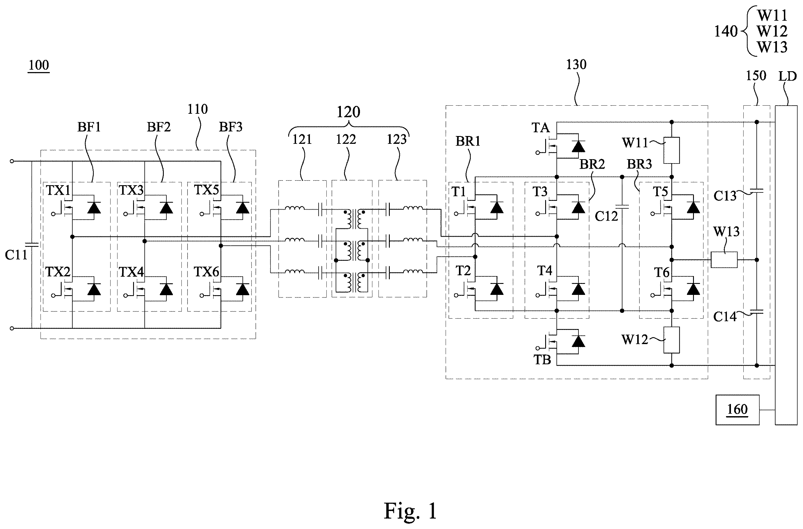 Patent US12614986 Figure 1 – Resonant converter and resonant conversion circuitry