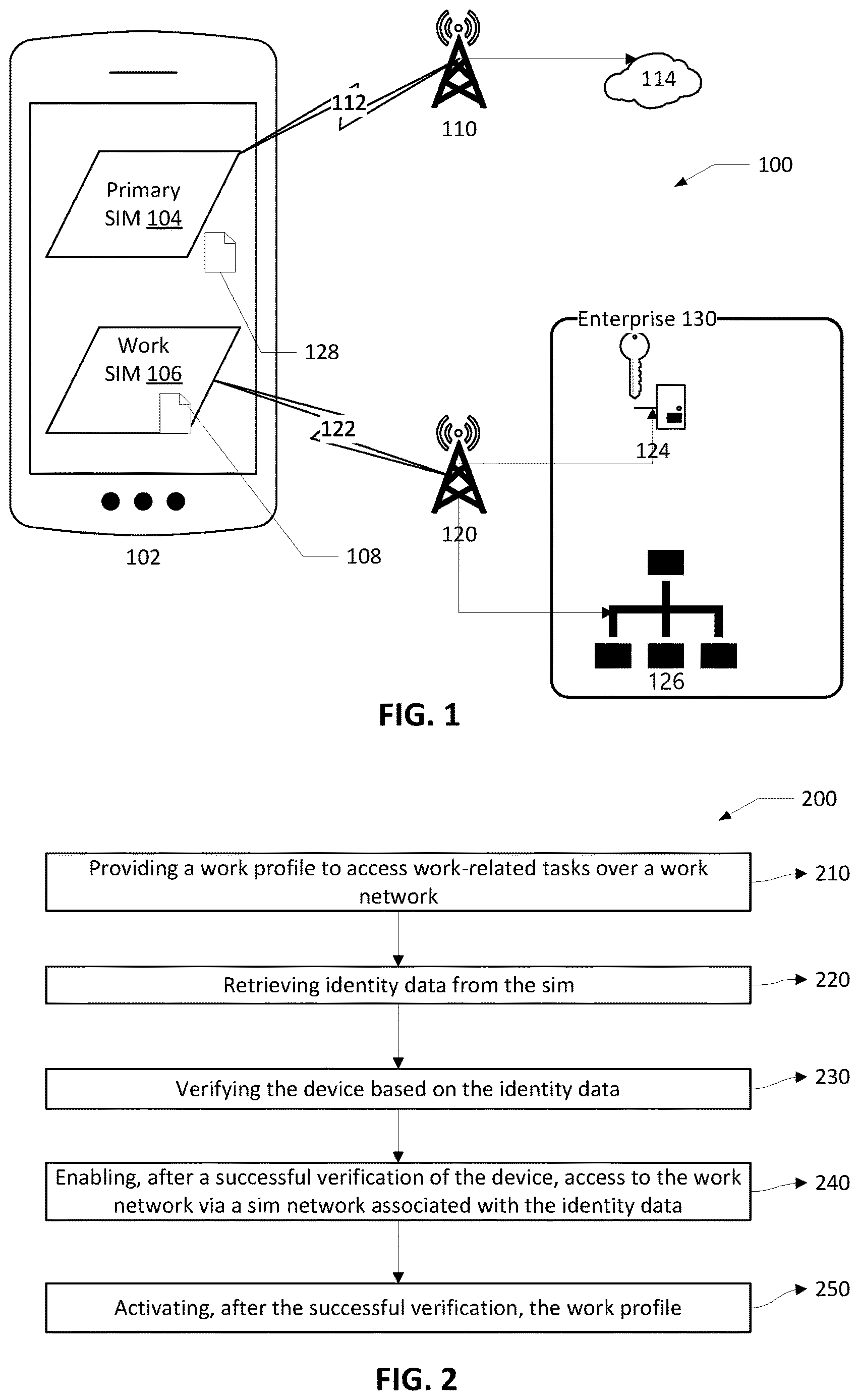 Patent US12615505 Figure 1 – Securely enabling work profiles on devices via a subscriber identity module card