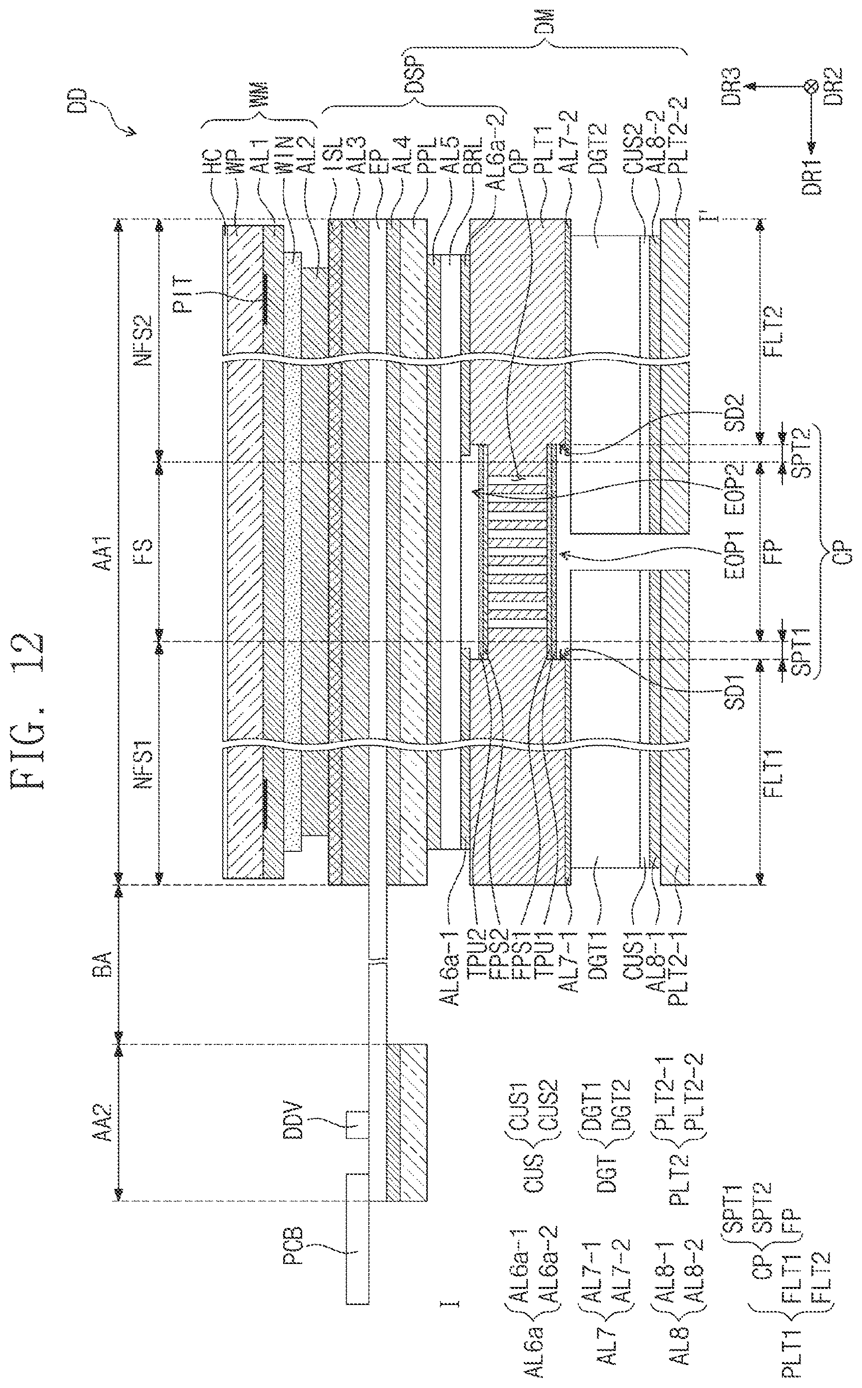Patent US12615724 Figure 13 – Flexible display device with settled cover layer