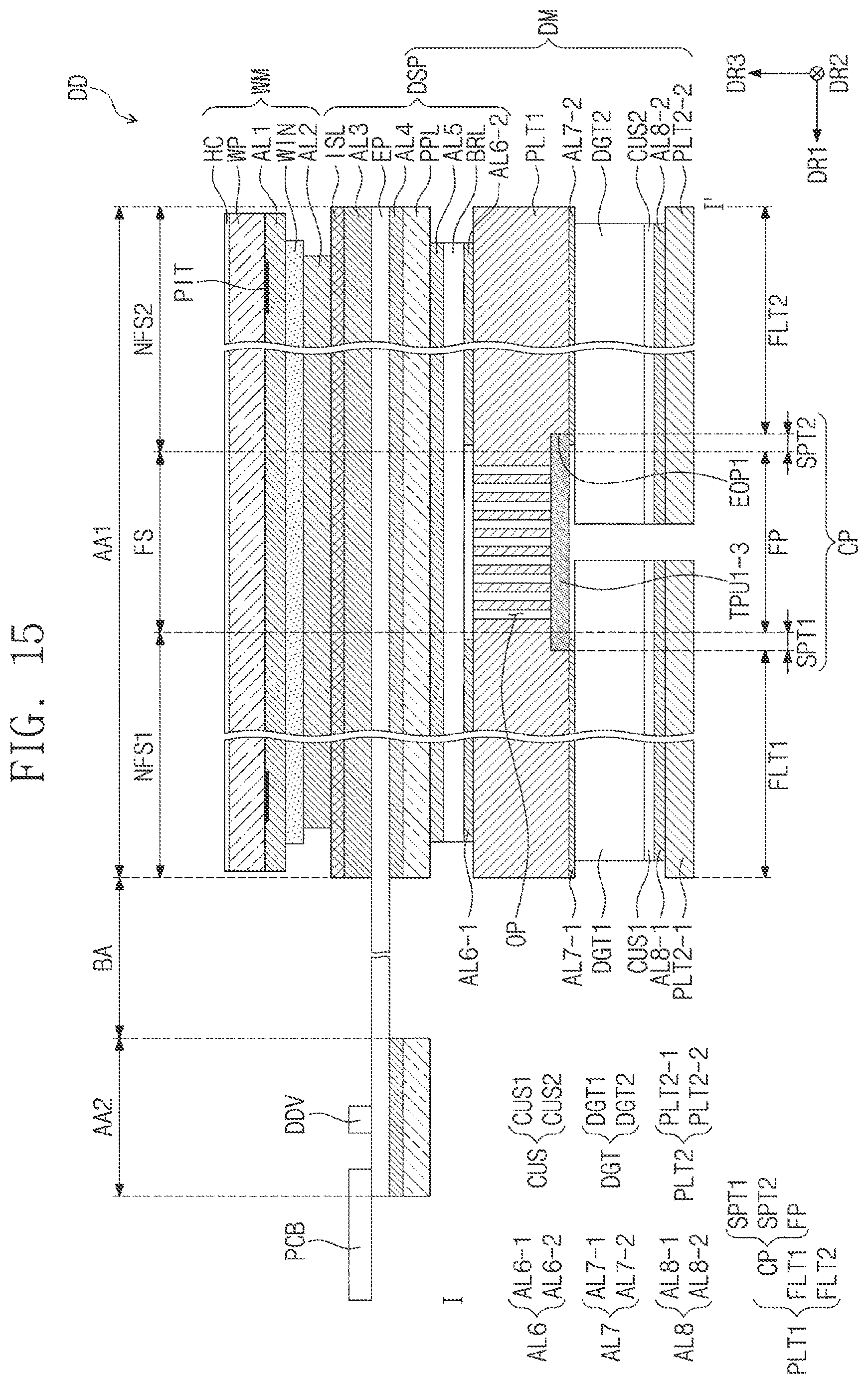Patent US12615724 Figure 16 – Flexible display device with settled cover layer