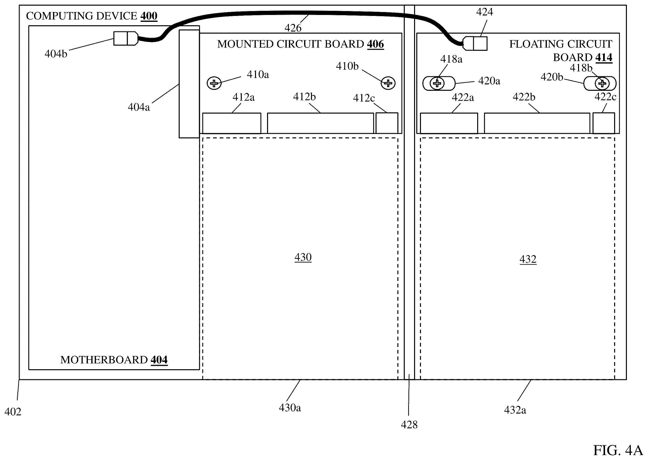 Patent US12615732 Figure 4 – Mounted circuit board/floating circuit board component connection system