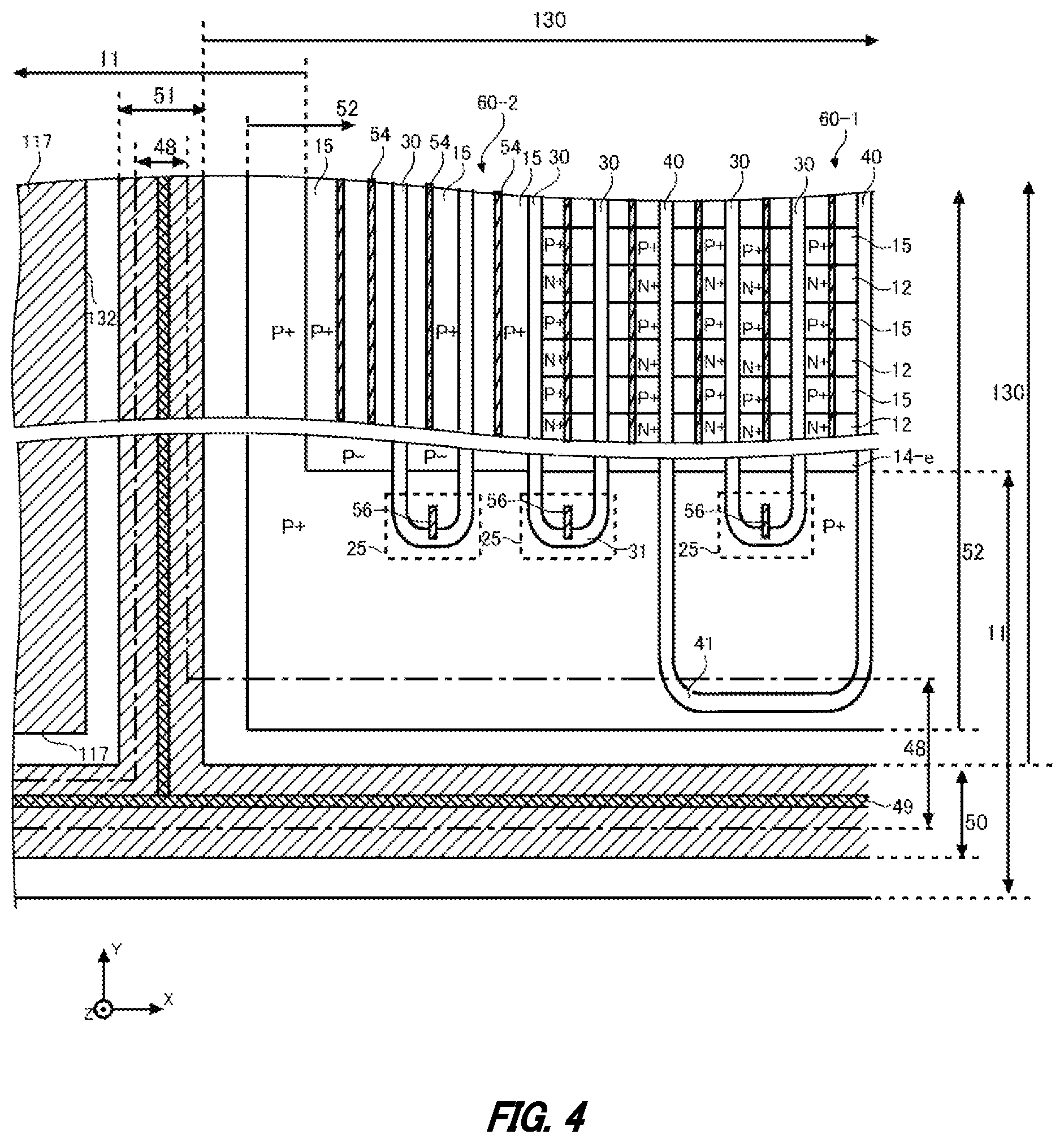 Patent US12615800 Figure 4 – Semiconductor device including a gate trench in an inter-pad region