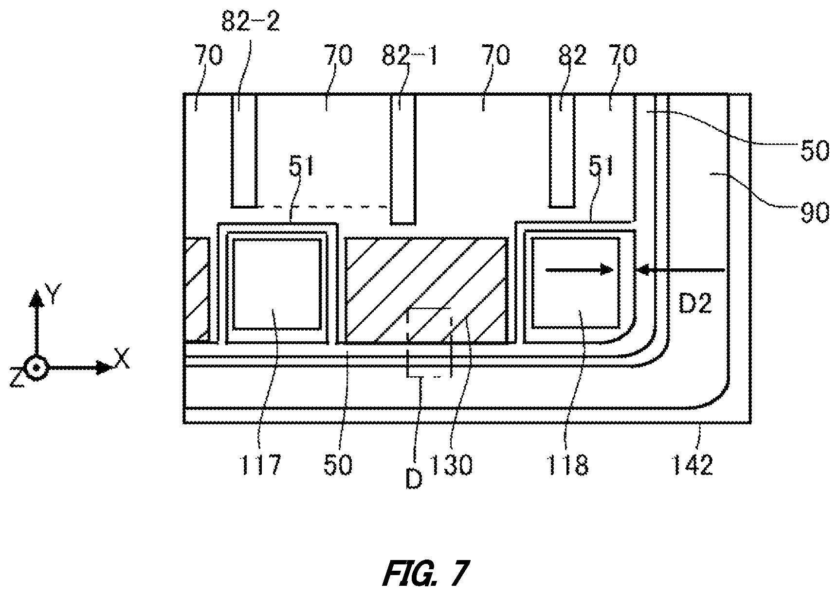 Patent US12615800 Figure 7 – Semiconductor device including a gate trench in an inter-pad region