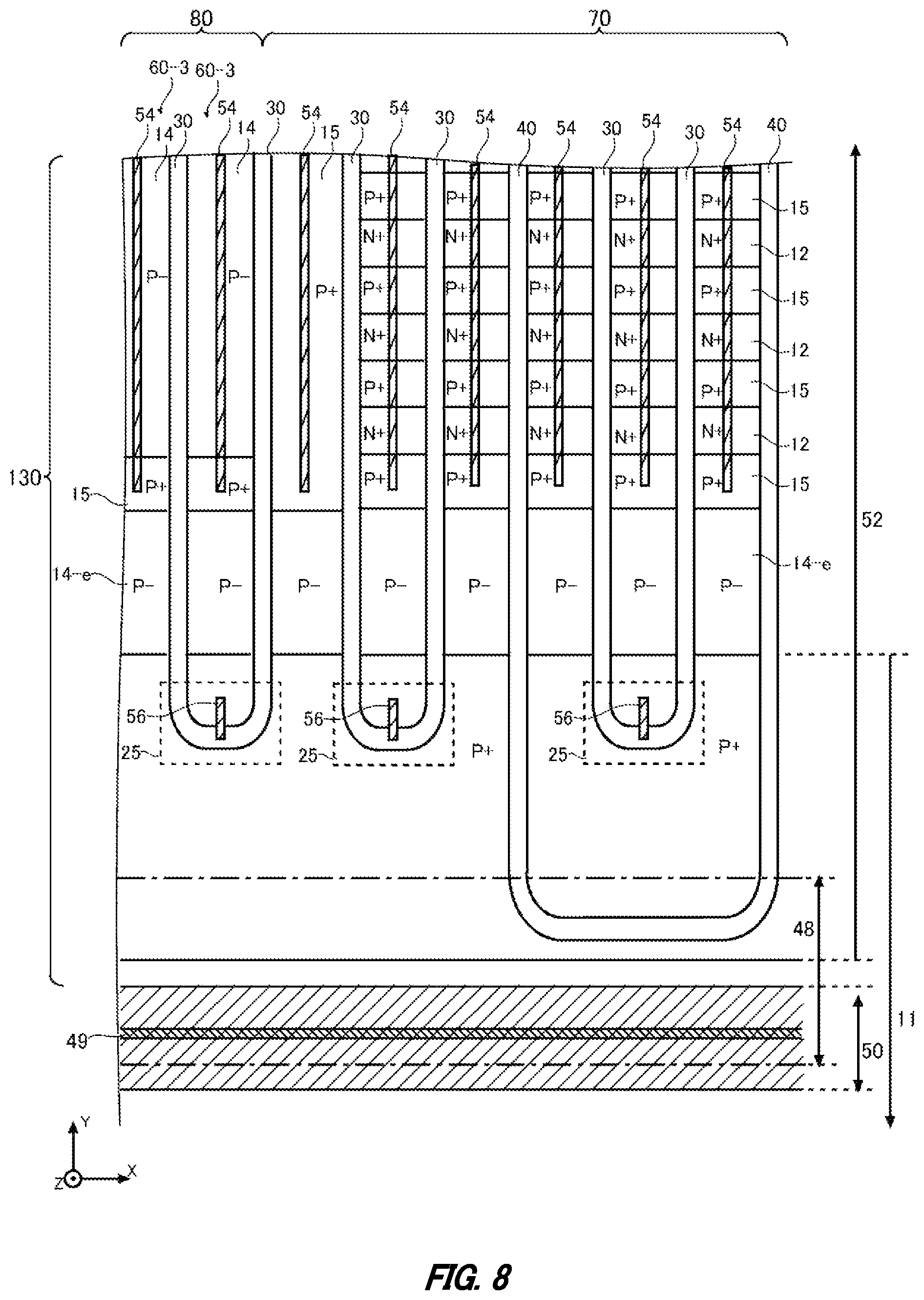 Patent US12615800 Figure 8 – Semiconductor device including a gate trench in an inter-pad region
