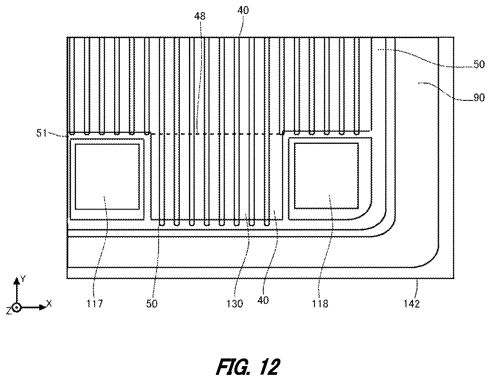 Patent US12615800 Figure 12 – Semiconductor device including a gate trench in an inter-pad region