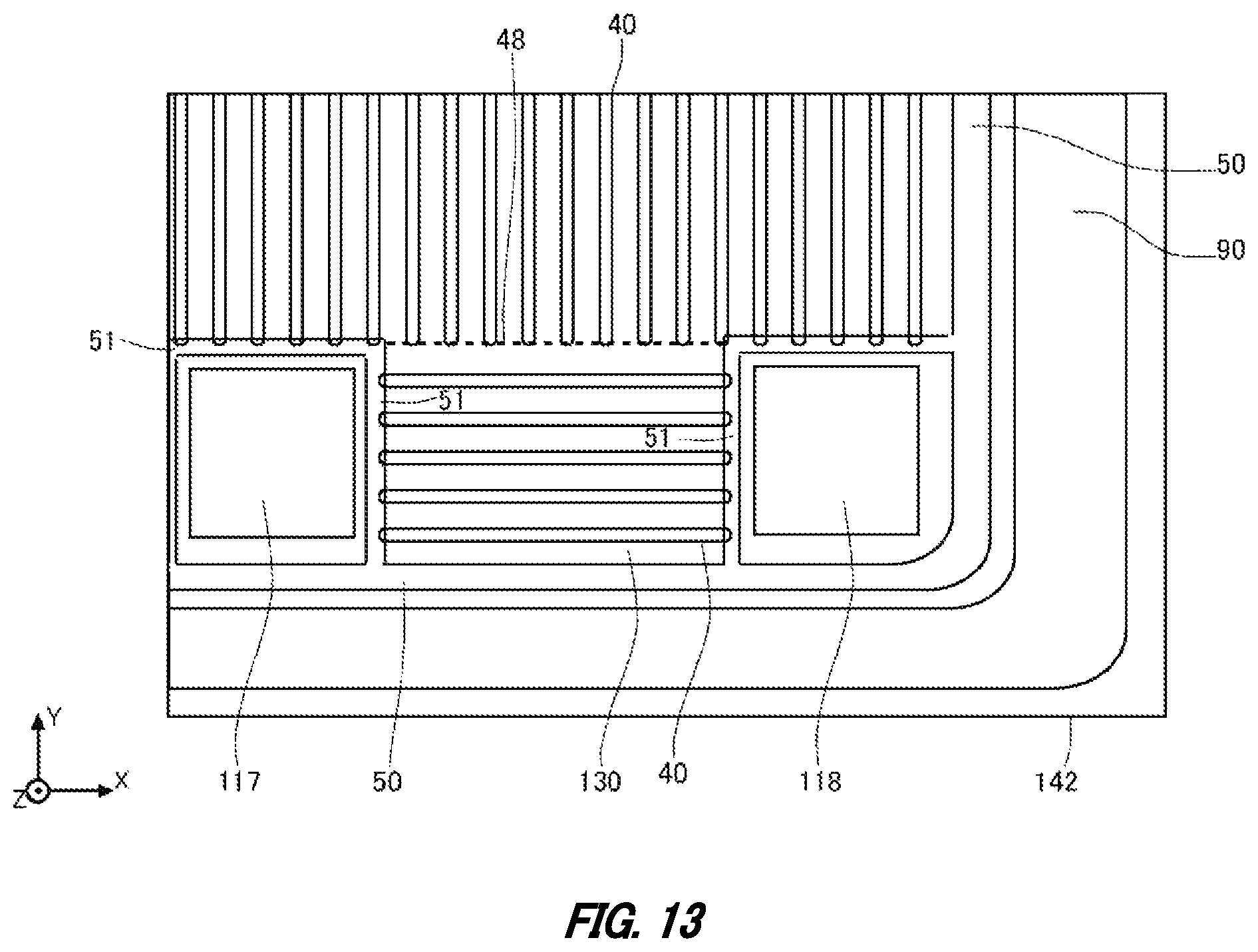 Patent US12615800 Figure 13 – Semiconductor device including a gate trench in an inter-pad region