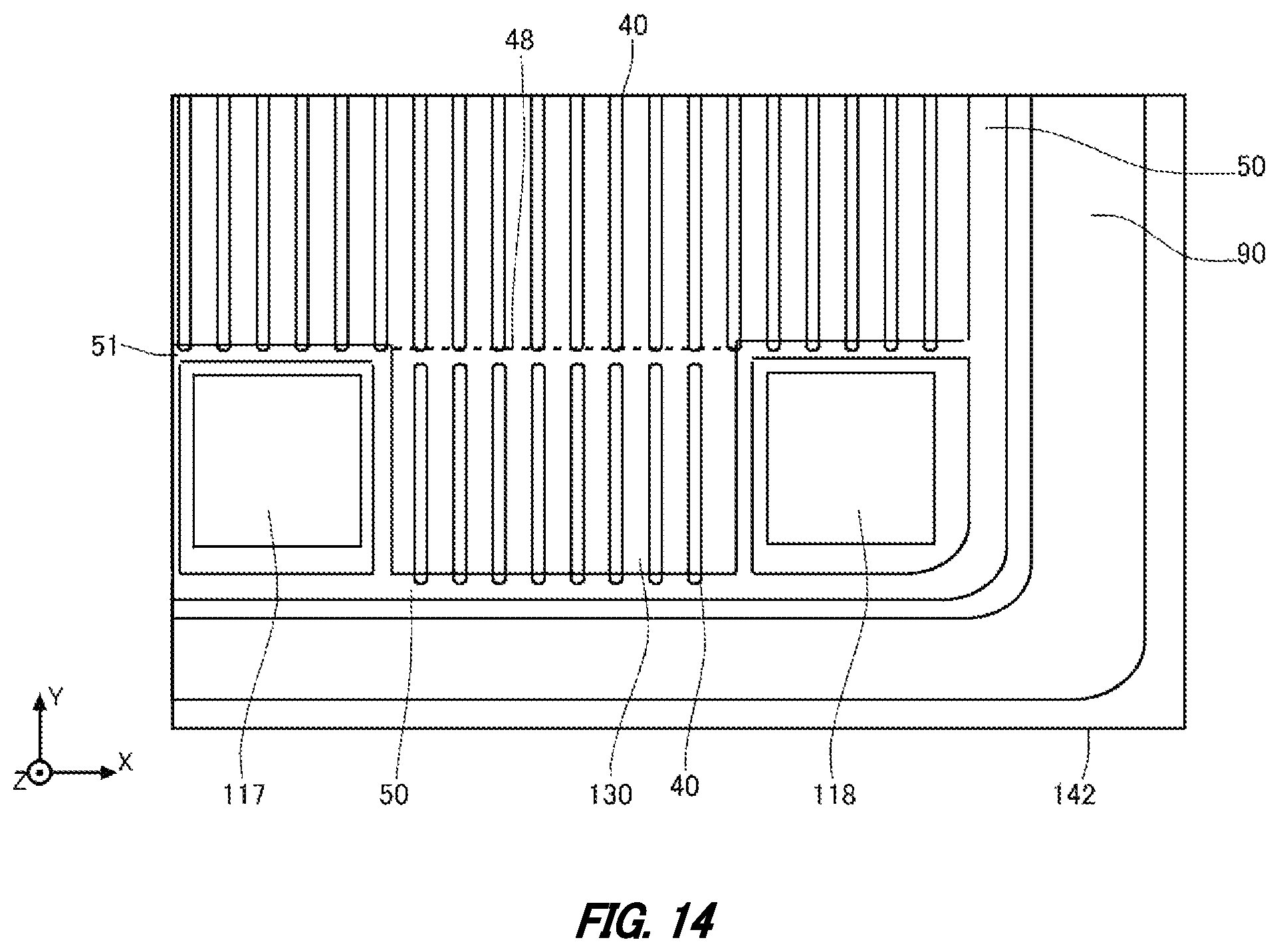 Patent US12615800 Figure 14 – Semiconductor device including a gate trench in an inter-pad region