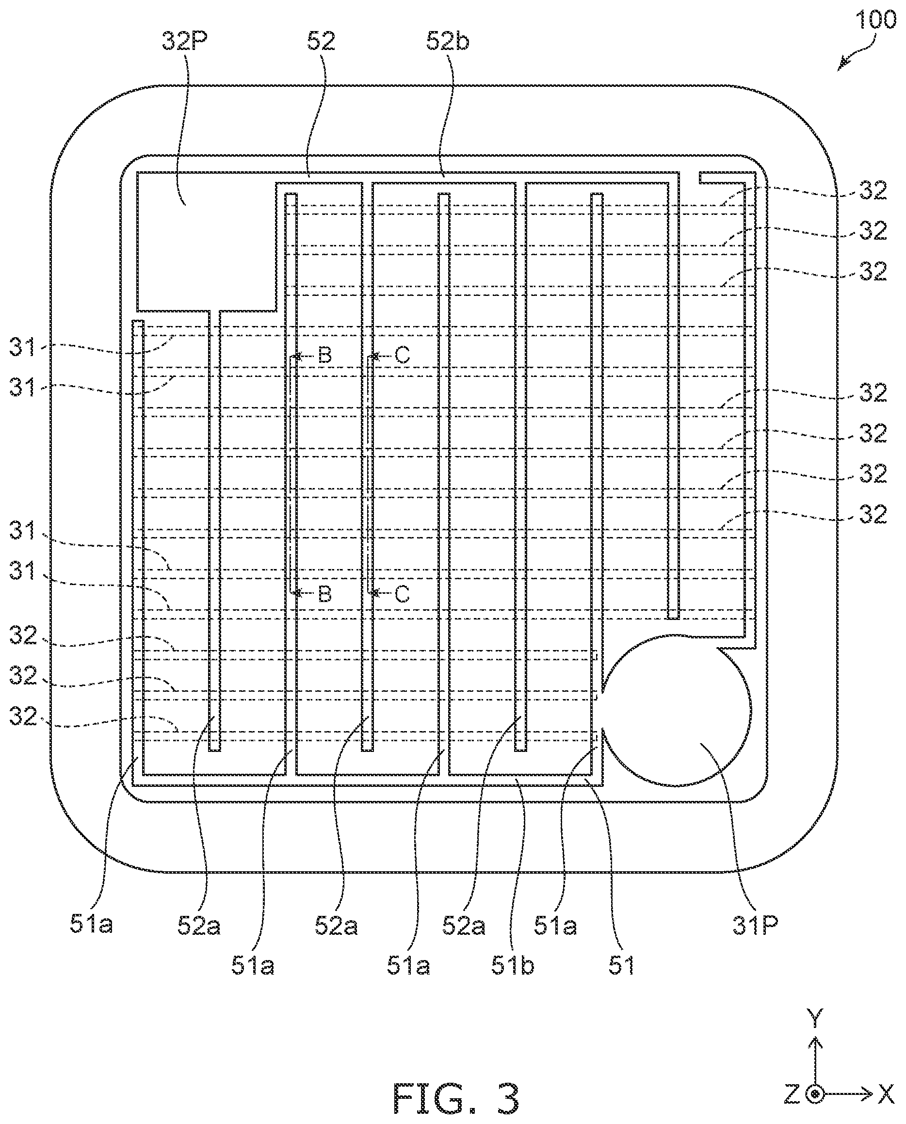 Patent US12615820 Figure 3 – IGBT device with electrode pads of varied shape to discriminate pads in chip operation and testing