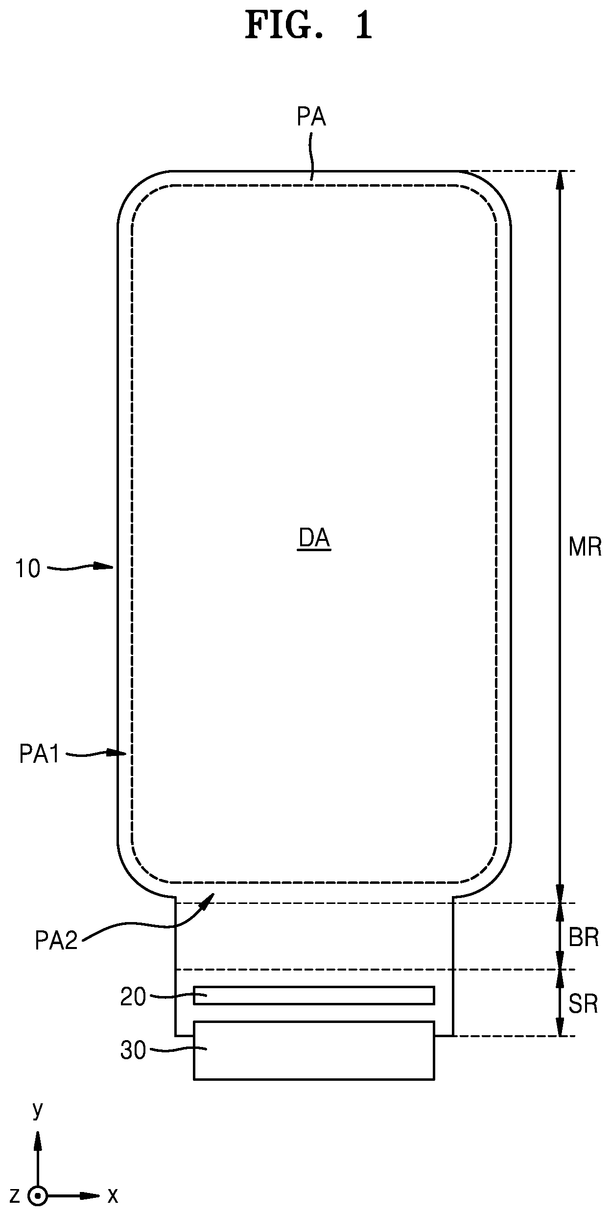 Patent US12615915 Figure 1 – Display device including shift area, main display area and extended display area