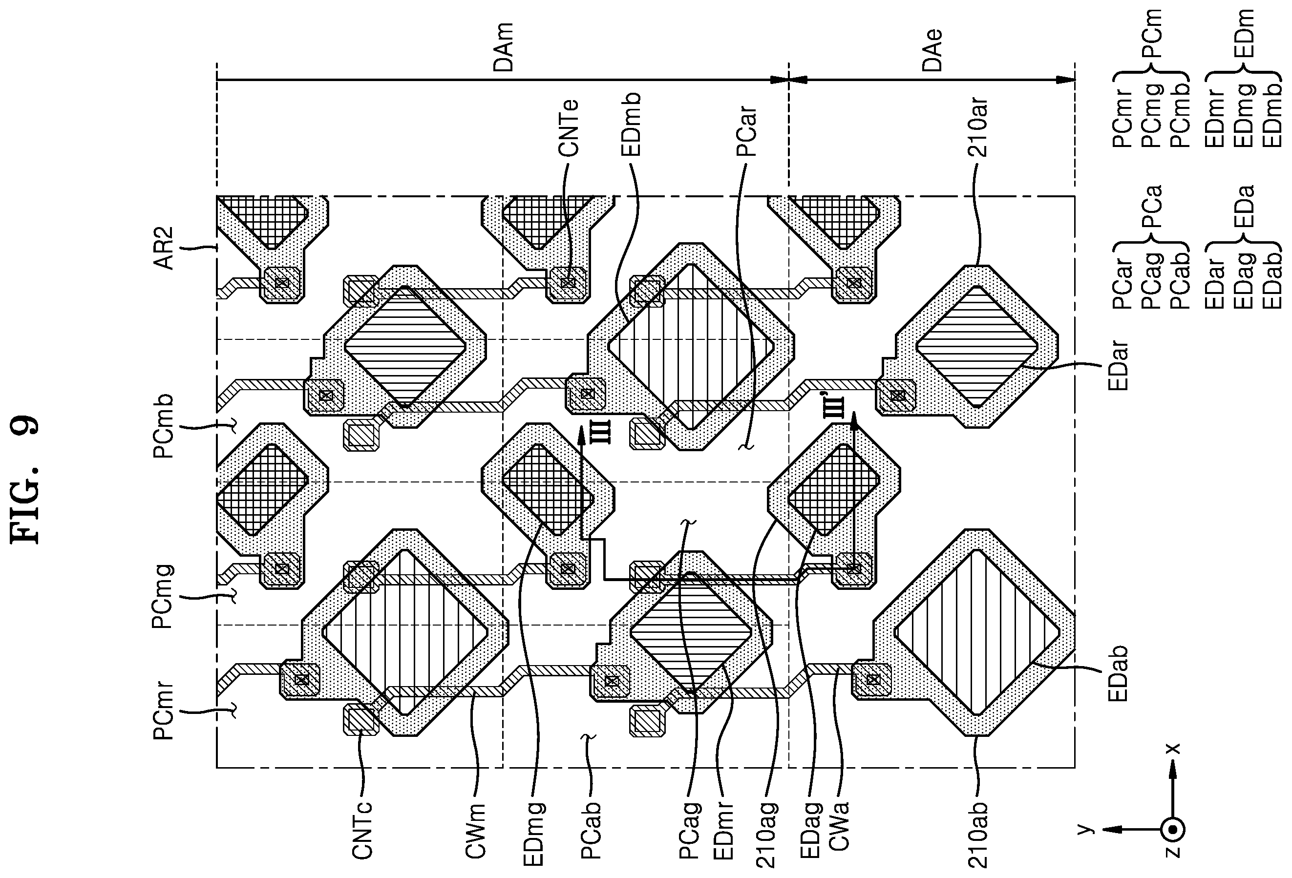 Patent US12615915 Figure 9 – Display device including shift area, main display area and extended display area