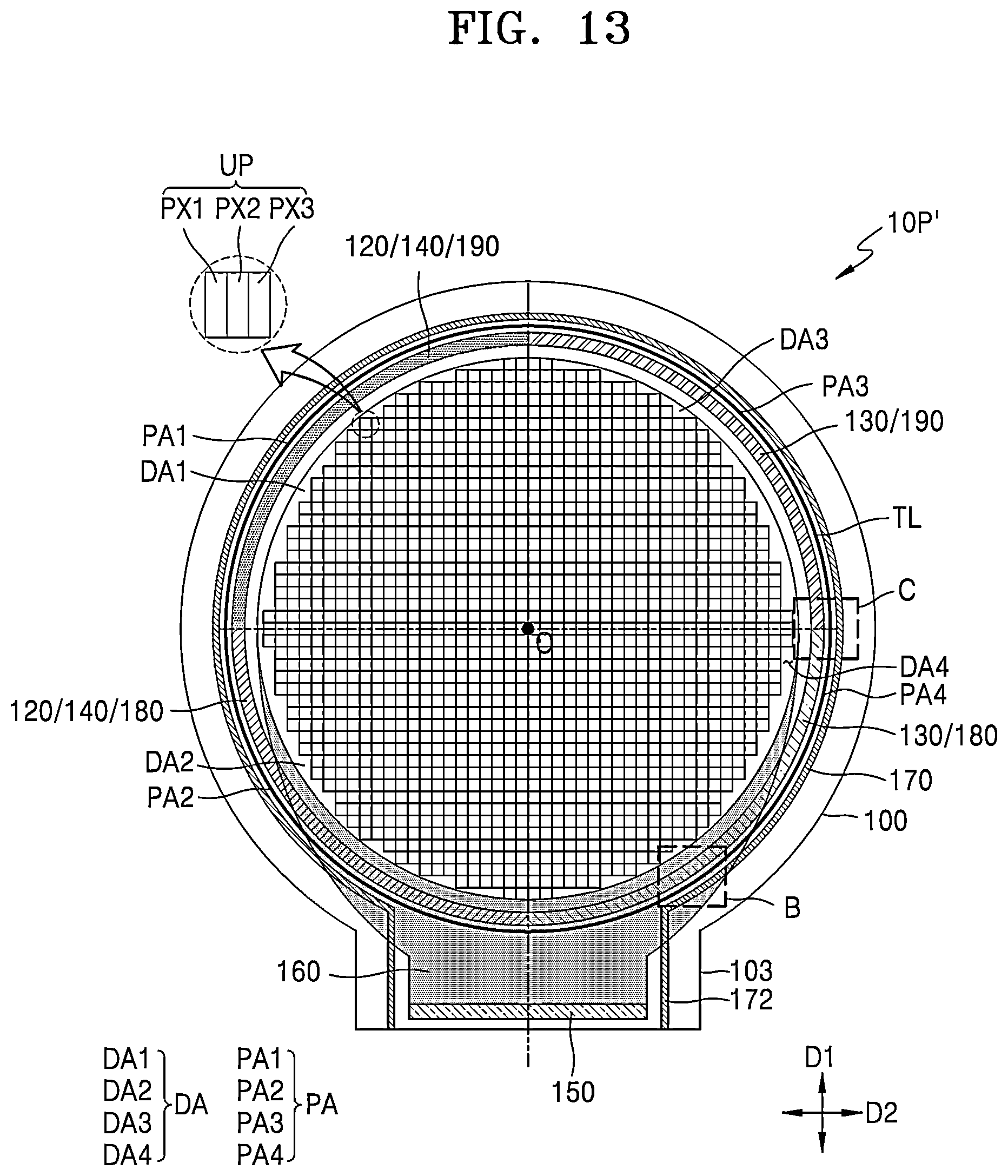 Patent US12615936 Figure 13 – Display device including a common power supply line disposed in a peripheral area and overlapping a fan-out part