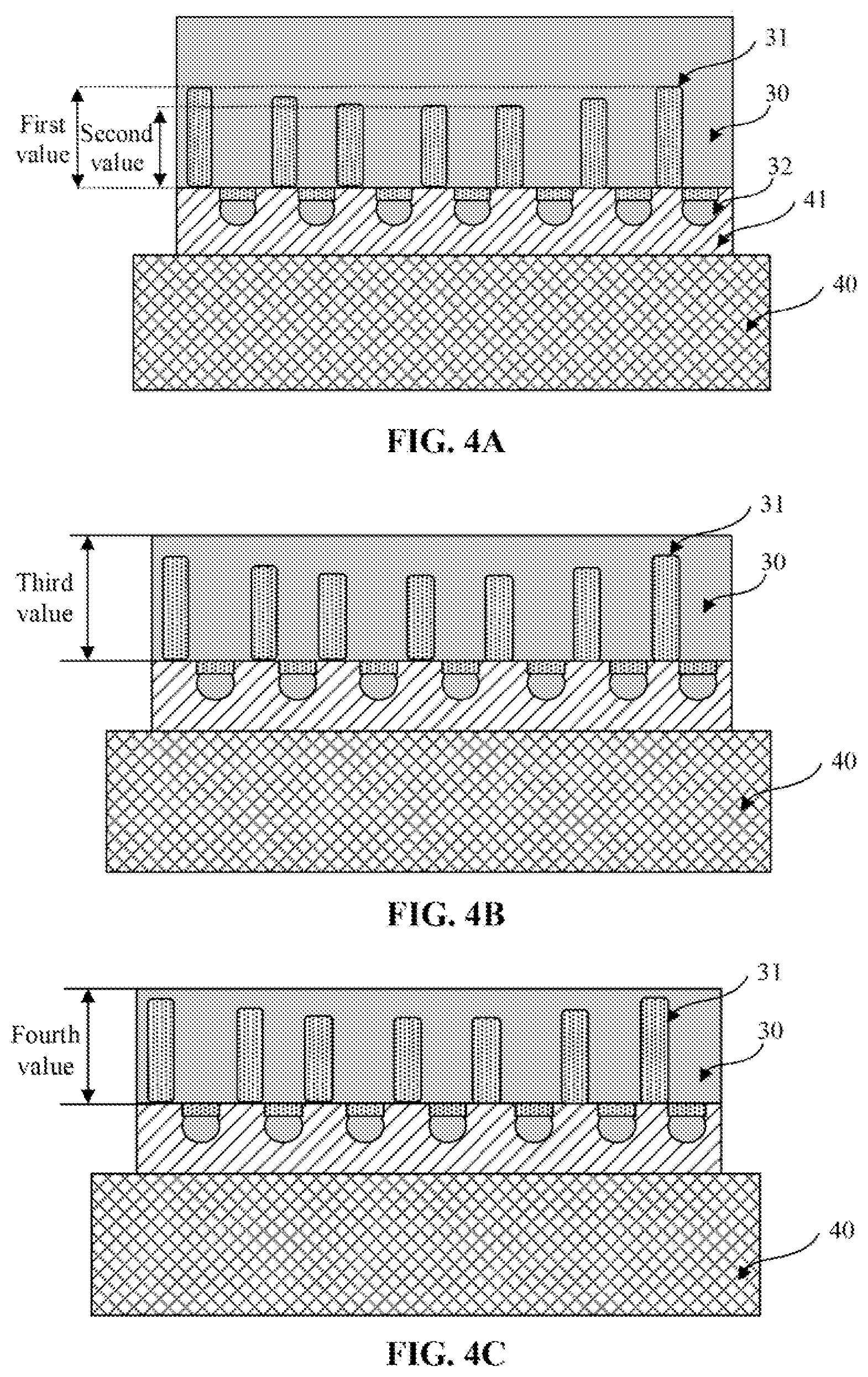 Patent US12616008 Figure 3 – Inverting wafer and etching back plane to expose conductive pillars from back plane of wafer for further processing