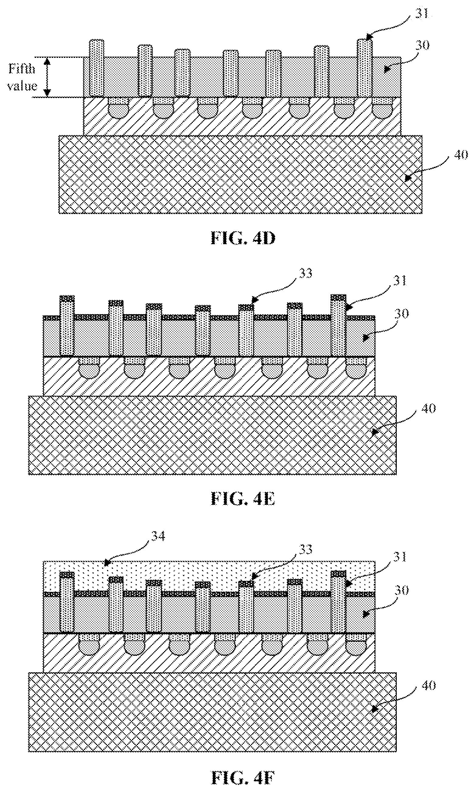 Patent US12616008 Figure 4 – Inverting wafer and etching back plane to expose conductive pillars from back plane of wafer for further processing