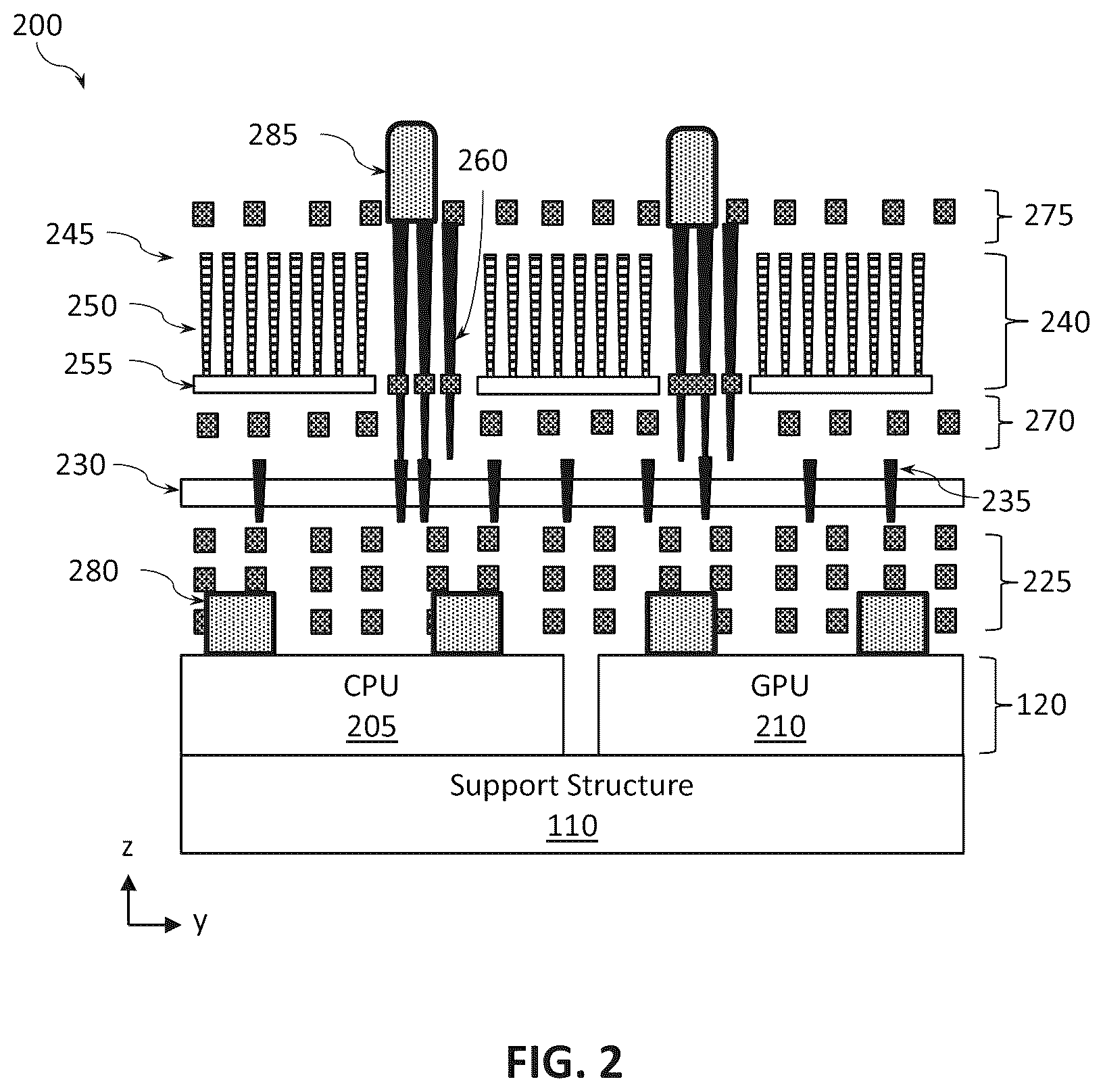 Patent US12616012 Figure 2 – Stacked random access memory devices with multilayer continuous vias