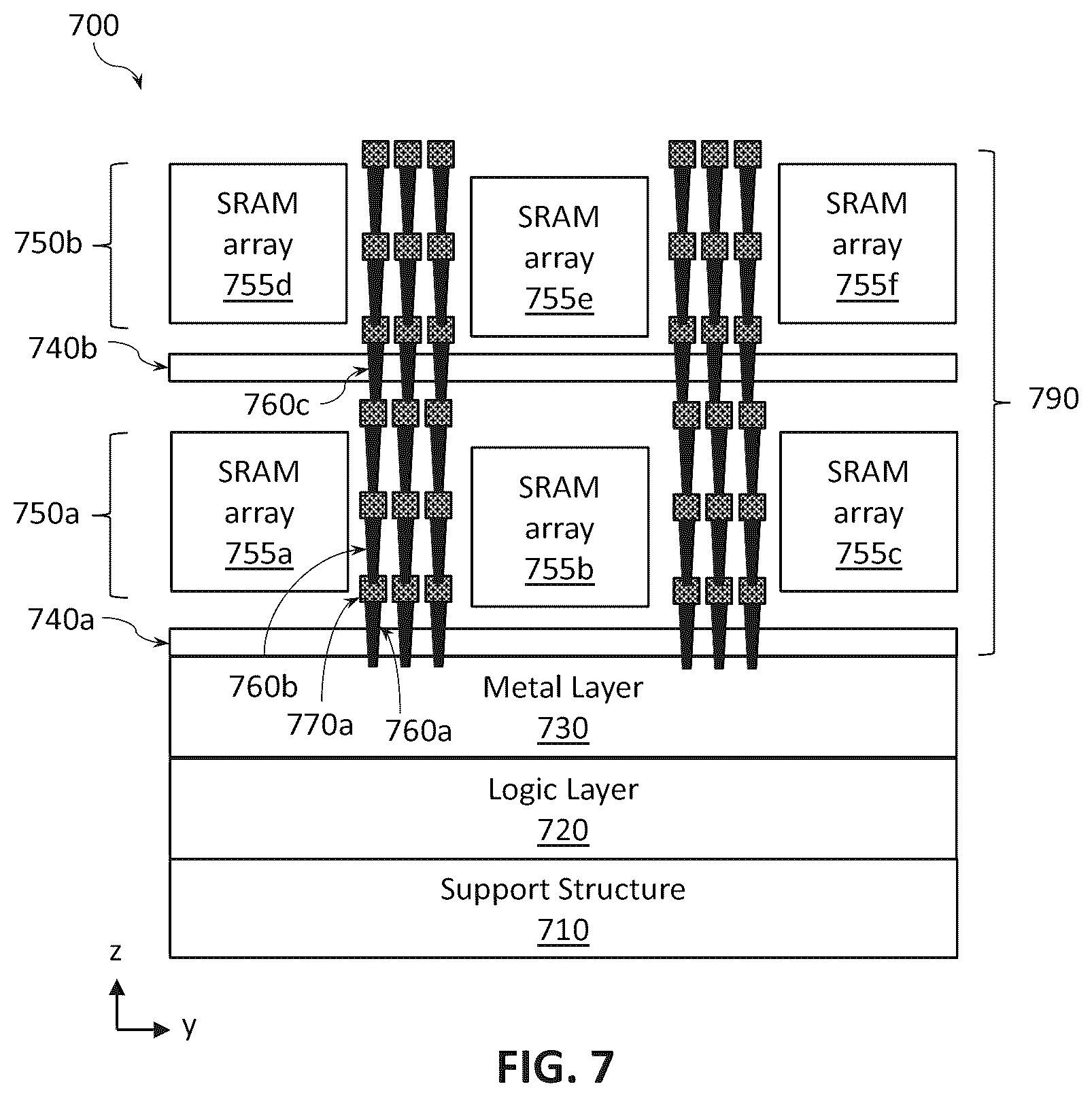 Patent US12616012 Figure 7 – Stacked random access memory devices with multilayer continuous vias