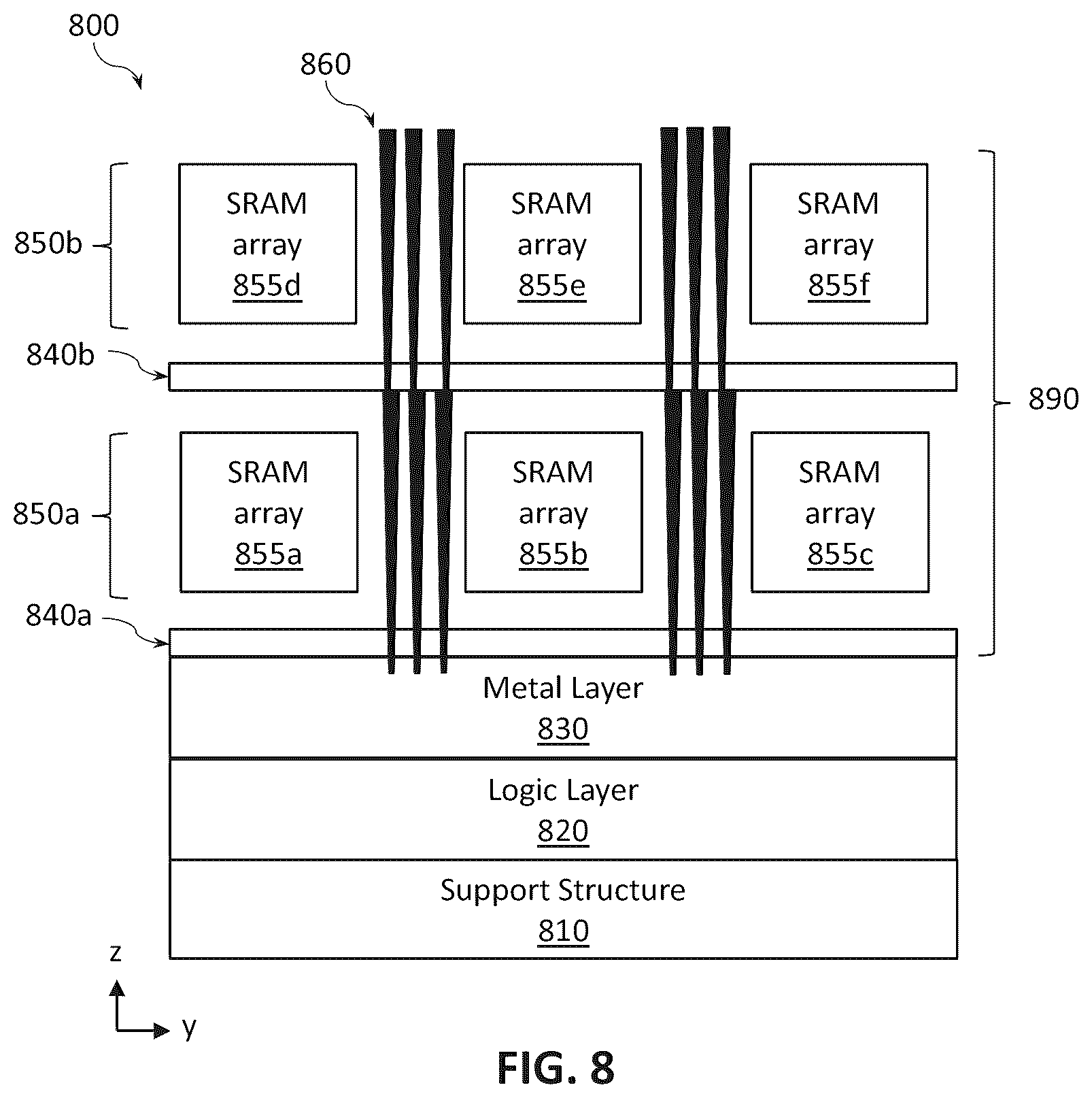 Patent US12616012 Figure 8 – Stacked random access memory devices with multilayer continuous vias