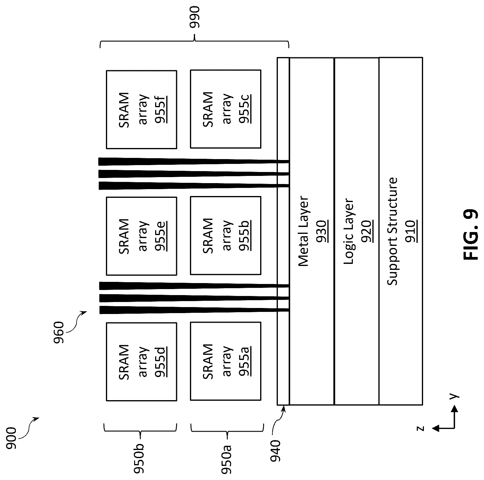 Patent US12616012 Figure 9 – Stacked random access memory devices with multilayer continuous vias