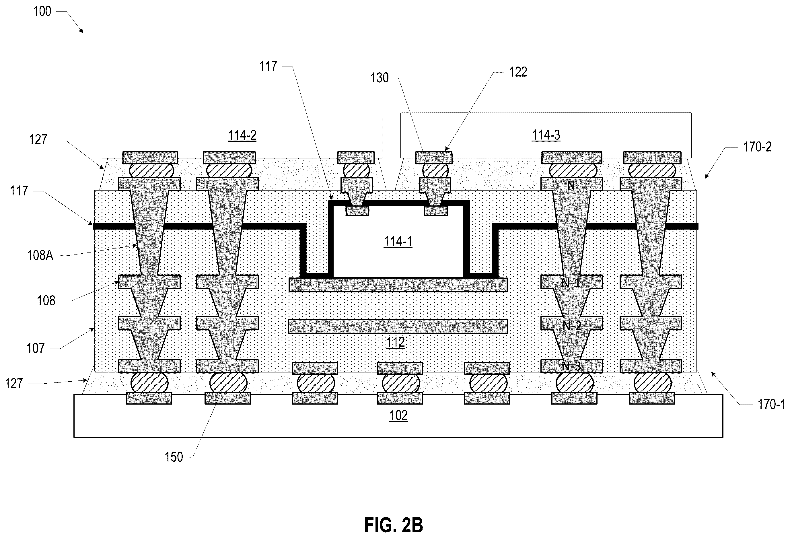 Patent US12616042 Figure 4 – Microelectronic assemblies with anchor layer around a bridge die