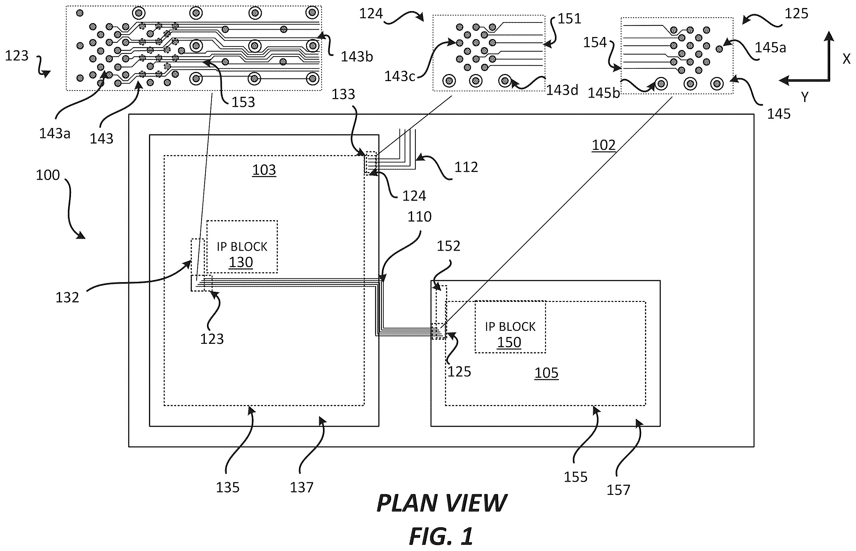Patent US12616043 Figure 1 – Package comprising integrated devices with inner and outer solder interconnects