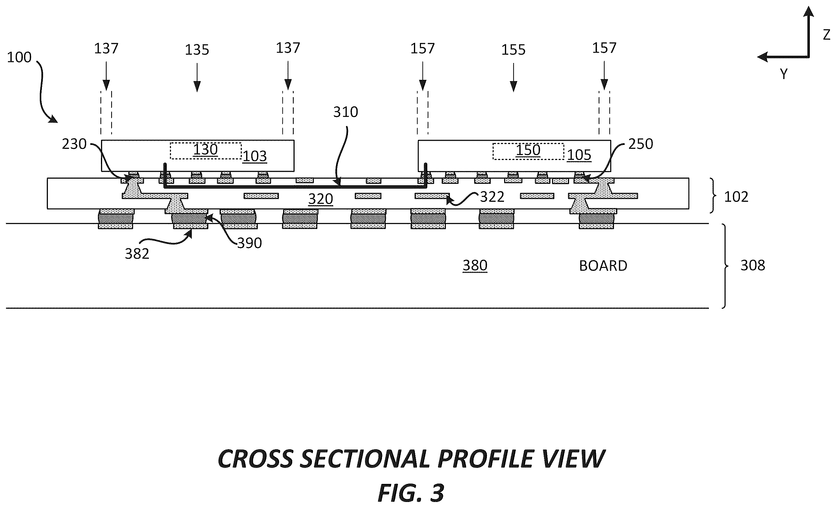 Patent US12616043 Figure 3 – Package comprising integrated devices with inner and outer solder interconnects