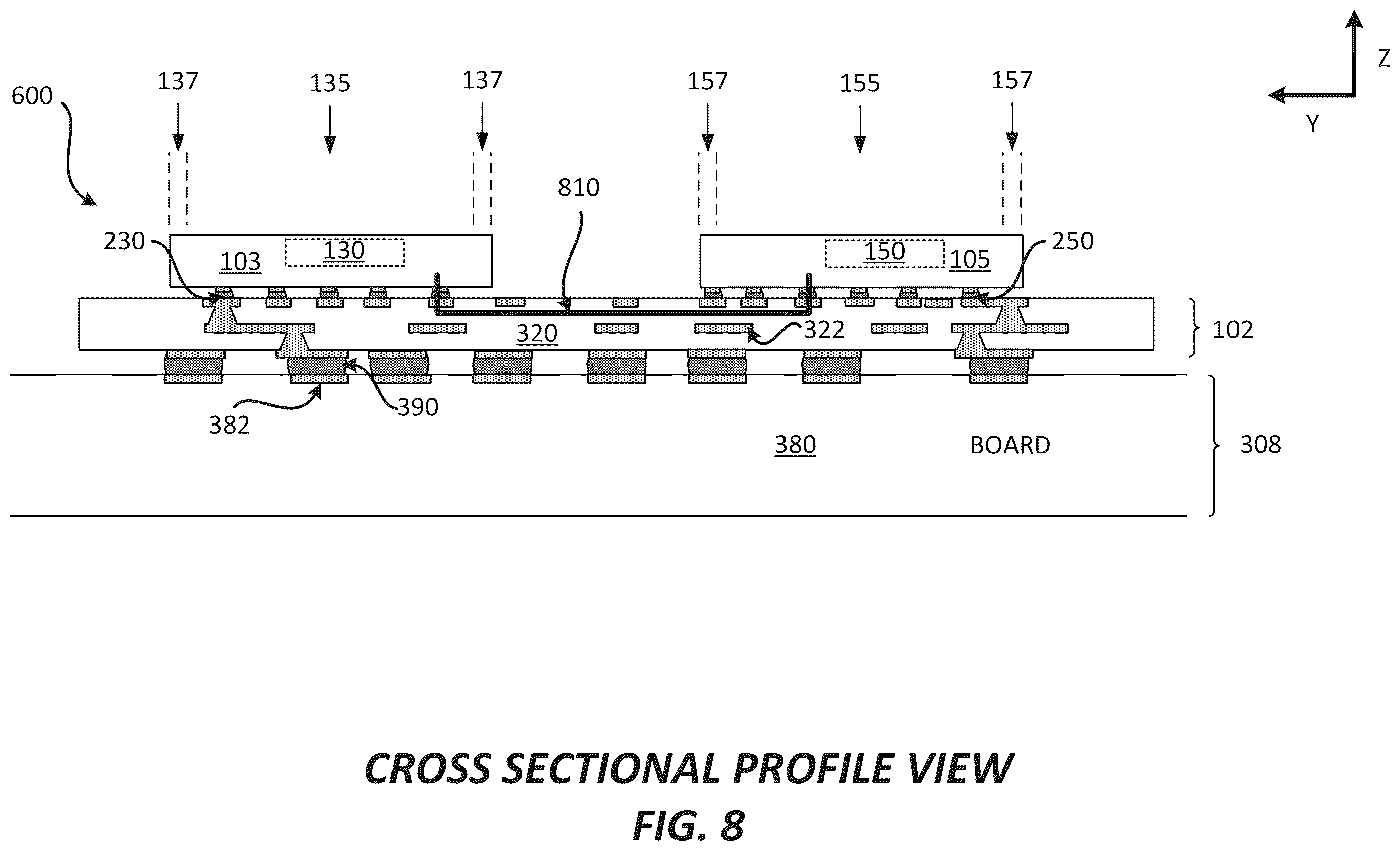 Patent US12616043 Figure 8 – Package comprising integrated devices with inner and outer solder interconnects