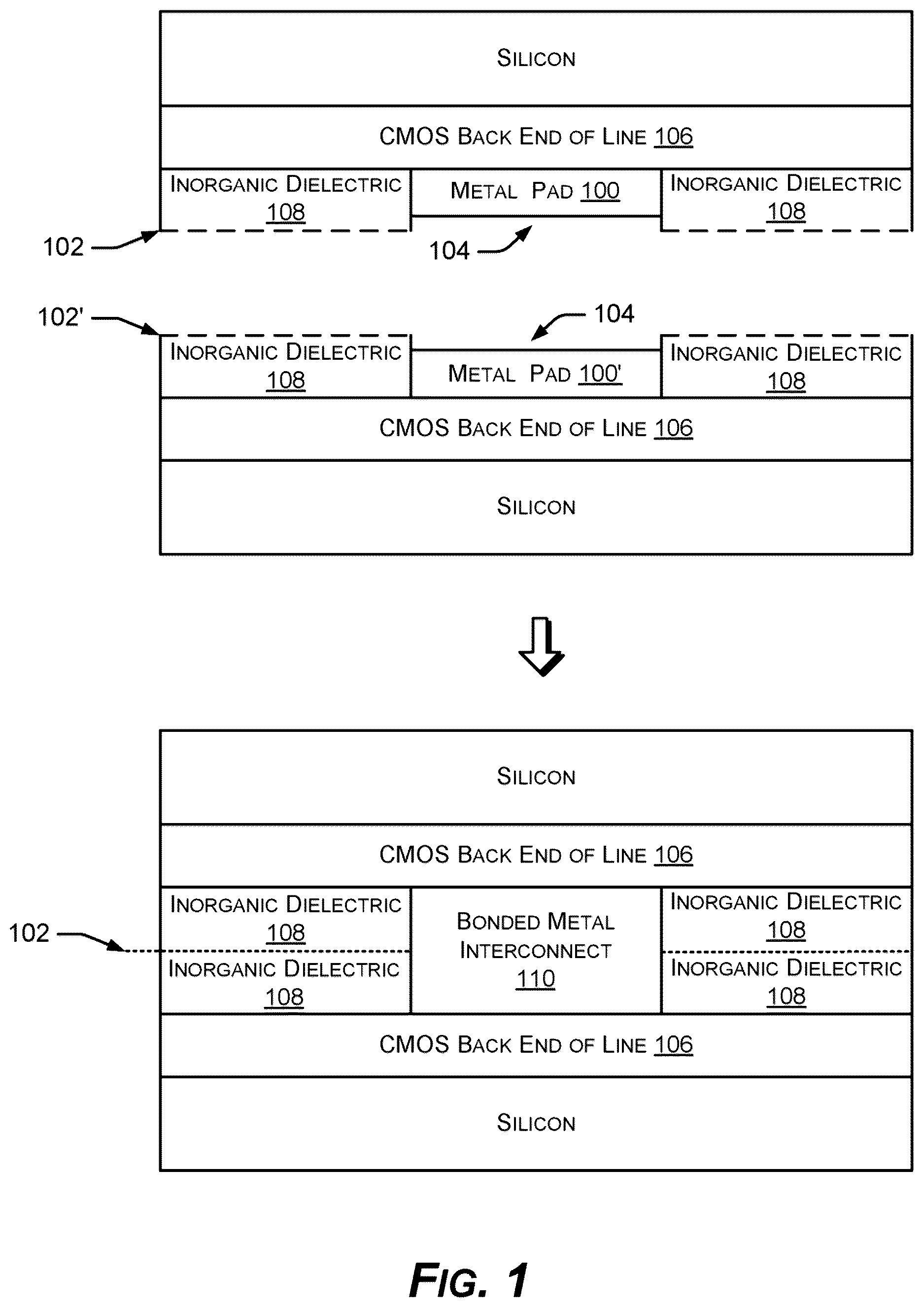 Patent US12616050 Figure 1 – Bonded structure including a first microelectronic device direct hybrid bonded to a second microelectronic device