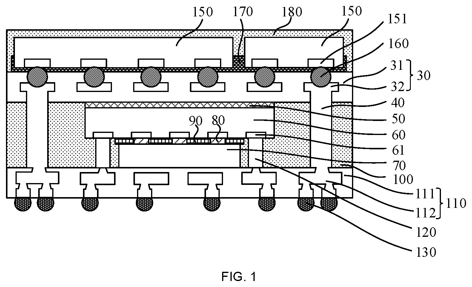 Patent US12616064 — Three-dimensional fan-out integrated package structure, packaging method thereof, and wireless headset — Figure 1