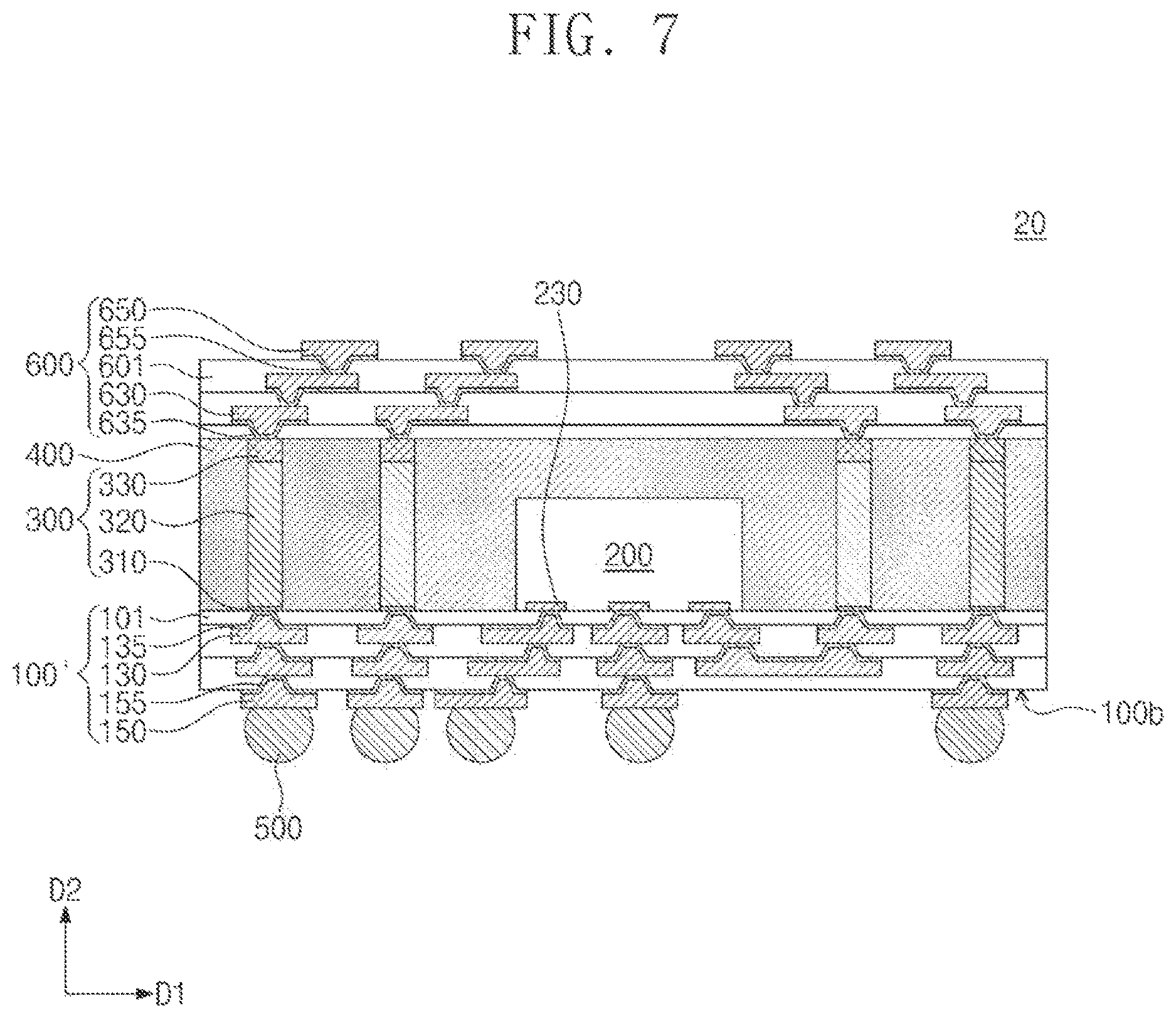 Patent US12616075 Figure 7 – Semiconductor package including a semiconductor chip on a redistribution substrate and conductive structure spaced apart from the semiconductor chip