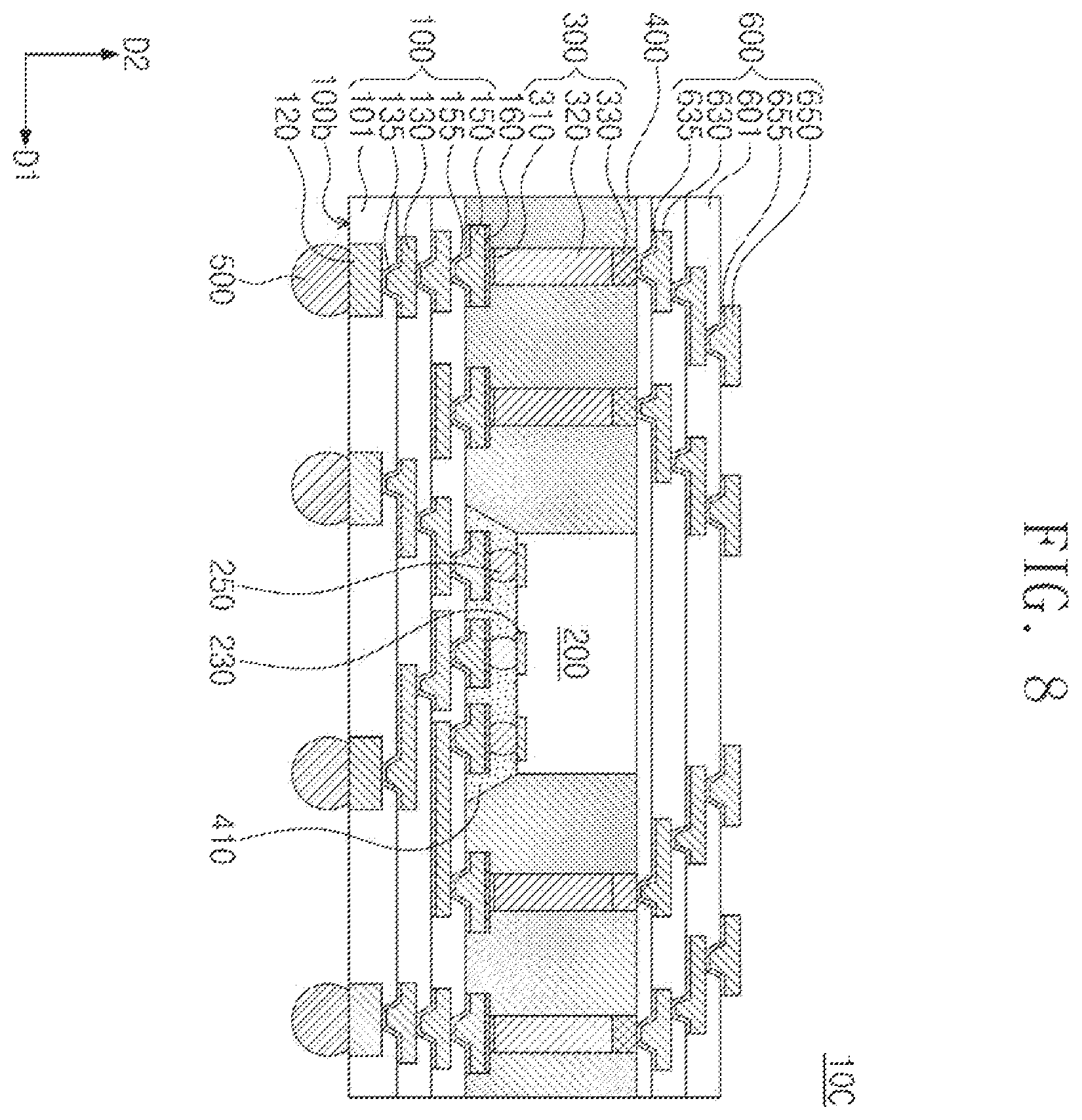 Patent US12616075 Figure 8 – Semiconductor package including a semiconductor chip on a redistribution substrate and conductive structure spaced apart from the semiconductor chip
