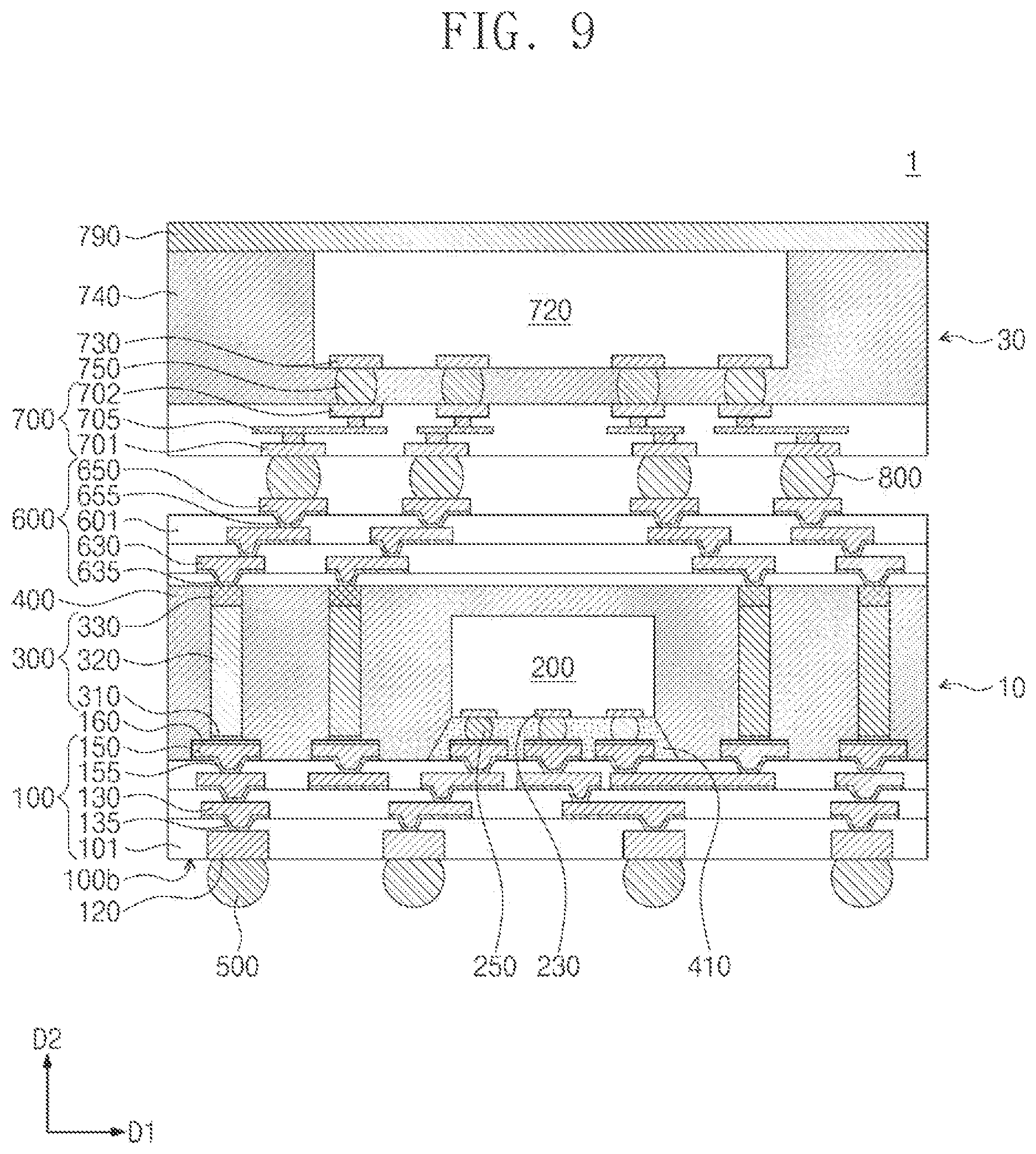 Patent US12616075 Figure 9 – Semiconductor package including a semiconductor chip on a redistribution substrate and conductive structure spaced apart from the semiconductor chip