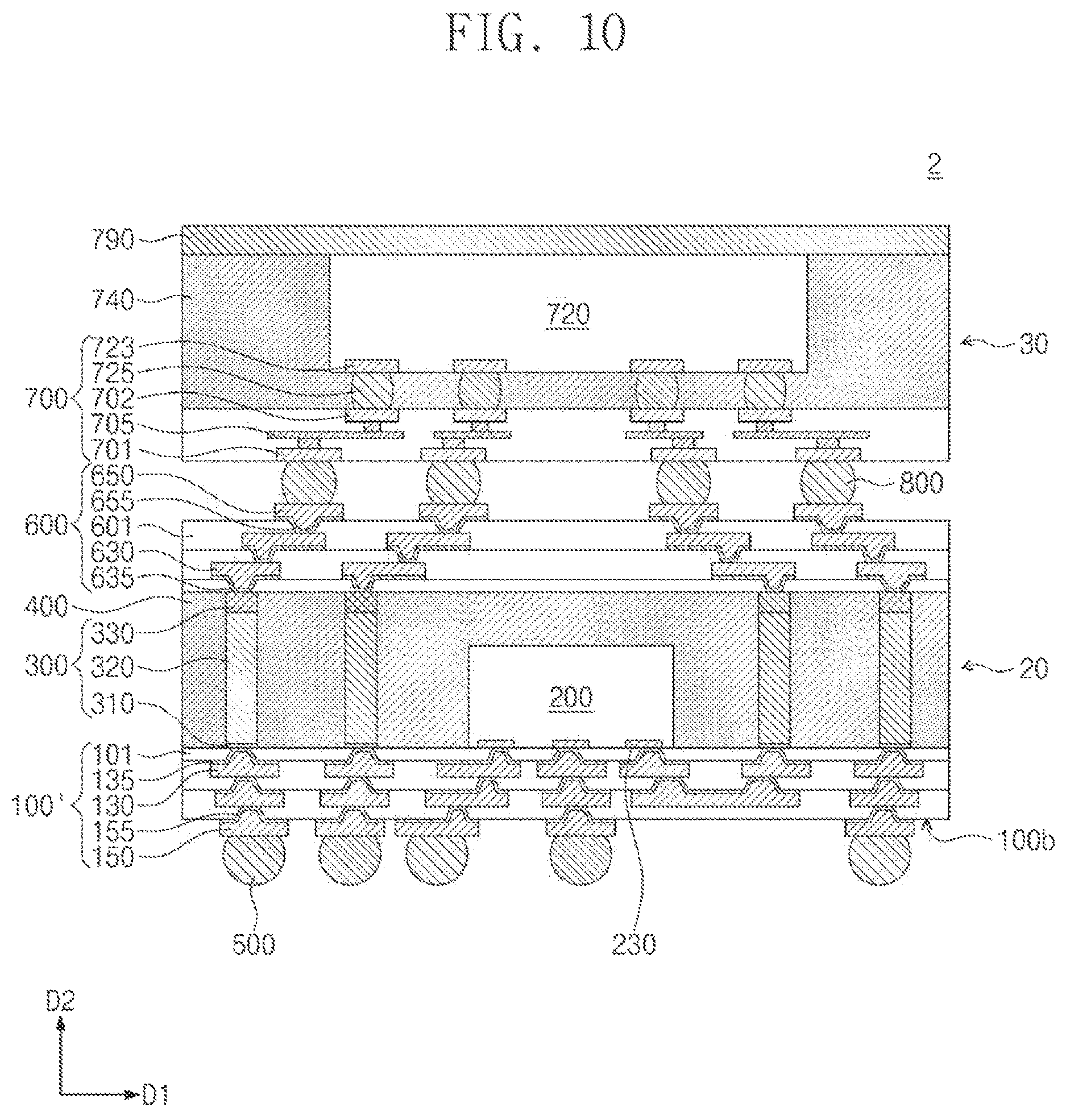 Patent US12616075 Figure 10 – Semiconductor package including a semiconductor chip on a redistribution substrate and conductive structure spaced apart from the semiconductor chip