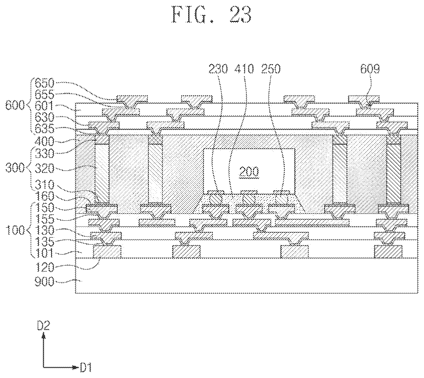 Patent US12616075 Figure 17 – Semiconductor package including a semiconductor chip on a redistribution substrate and conductive structure spaced apart from the semiconductor chip