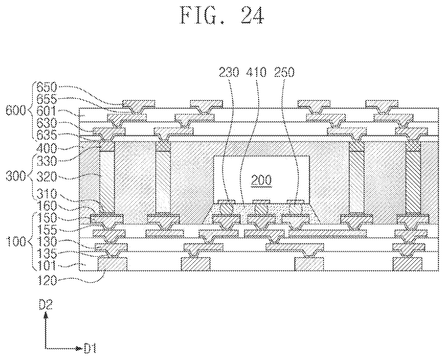 Patent US12616075 Figure 18 – Semiconductor package including a semiconductor chip on a redistribution substrate and conductive structure spaced apart from the semiconductor chip