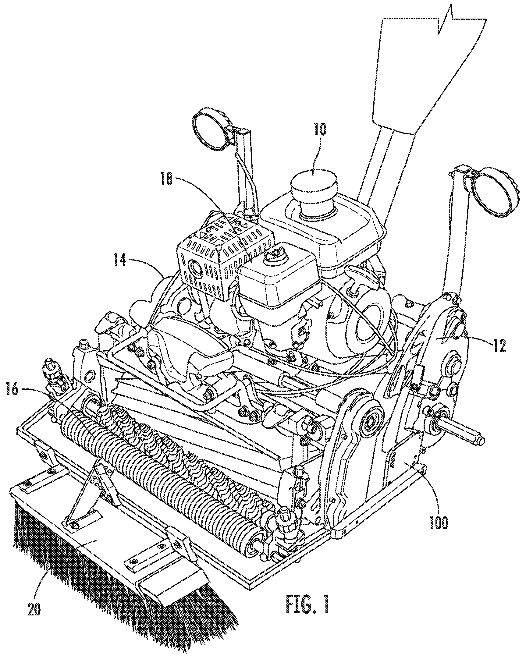 Patent US12616085 Figure 1 – Brush attachment system for a turfgrass mower