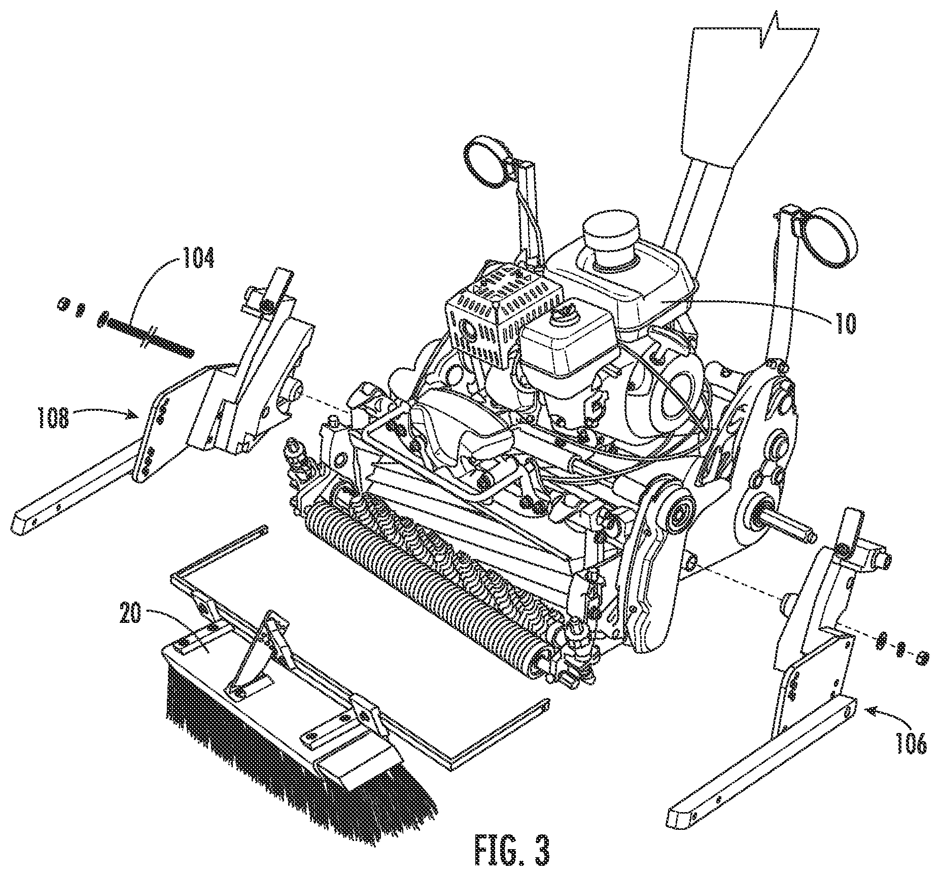Patent US12616085 Figure 3 – Brush attachment system for a turfgrass mower
