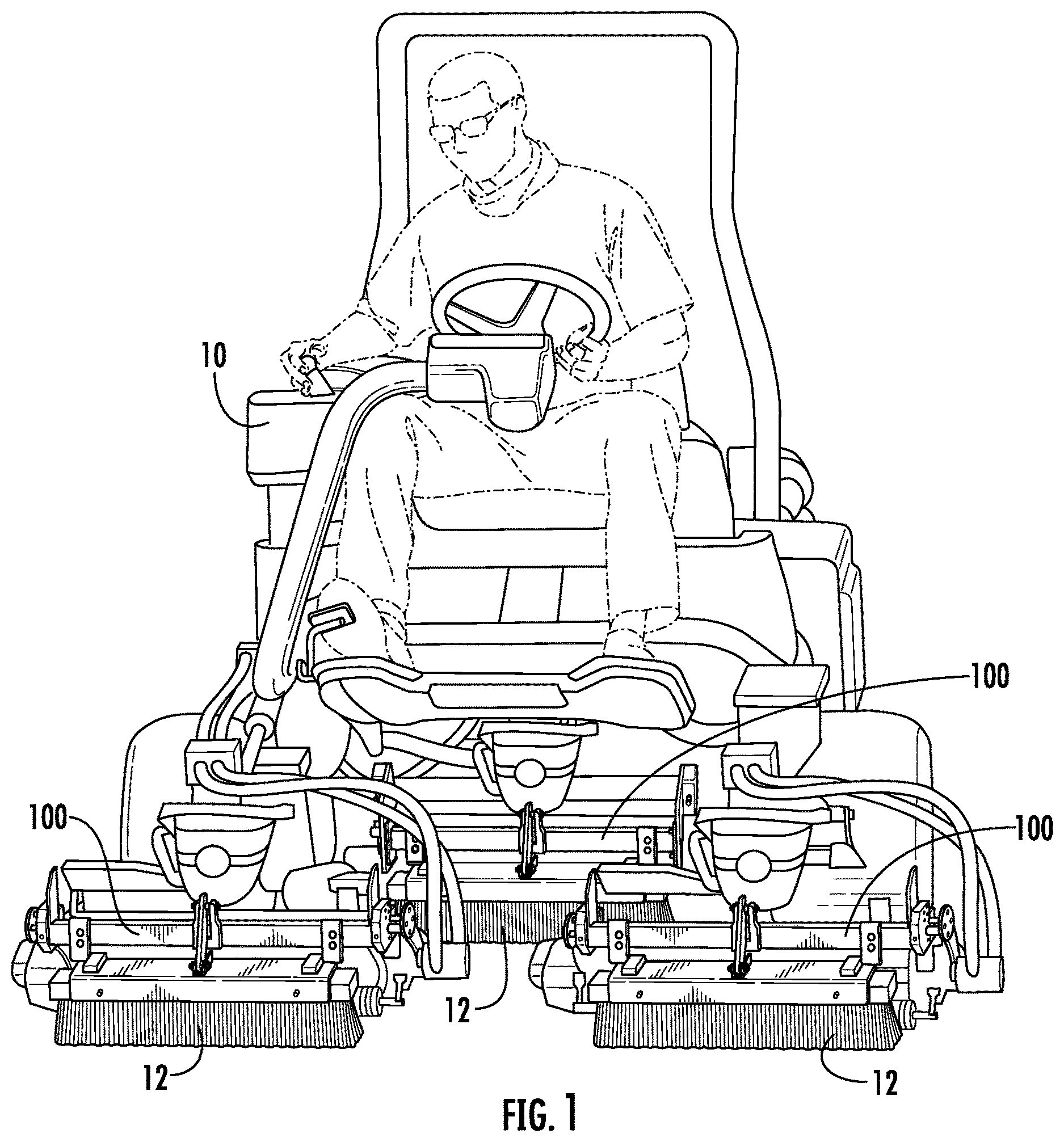 Patent US12616086 Figure 1 – Brush attachment system for a turfgrass mower
