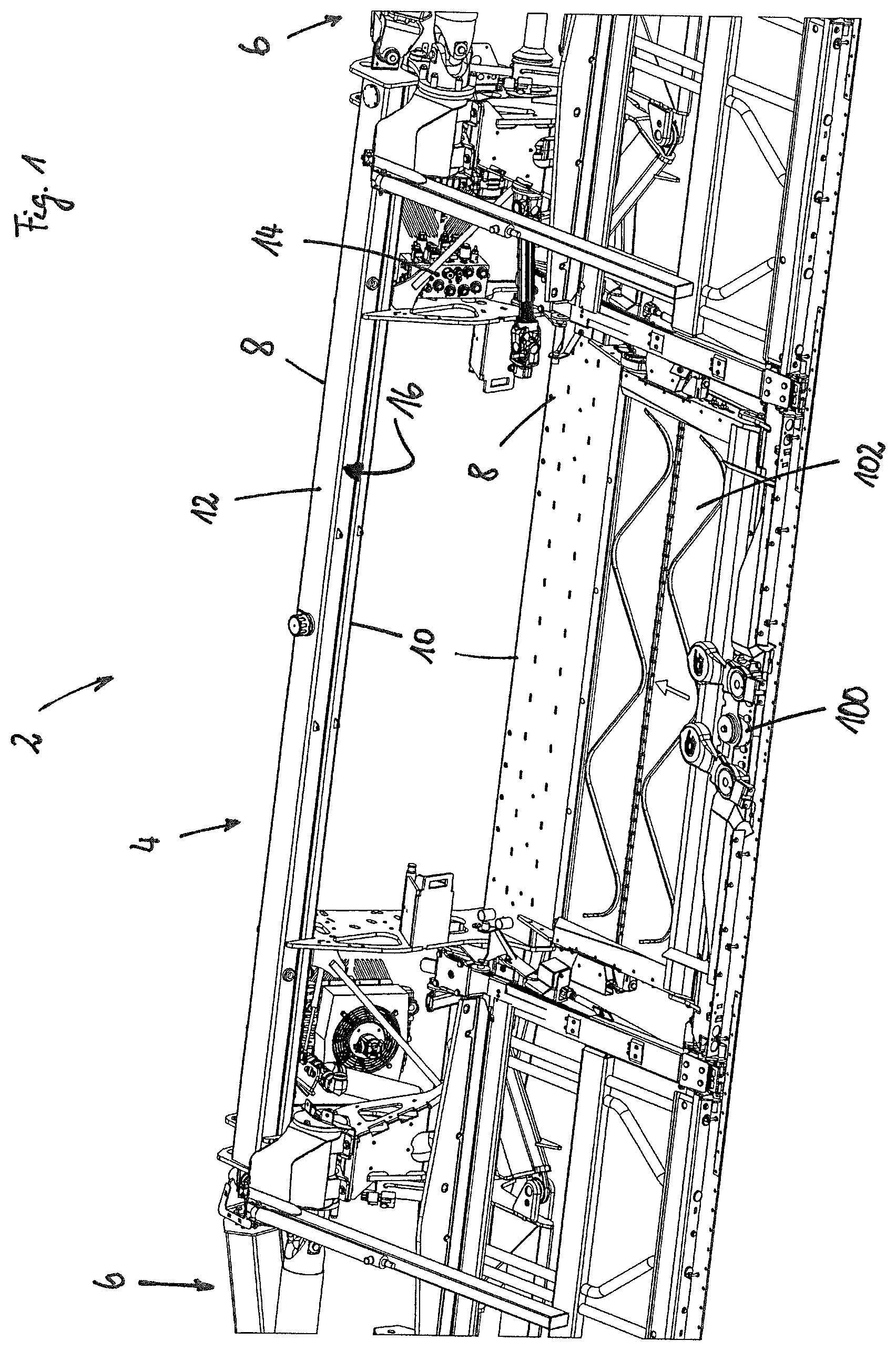 Patent US12616092 Figure 1 – Harvesting device having an integrated hydraulic tank