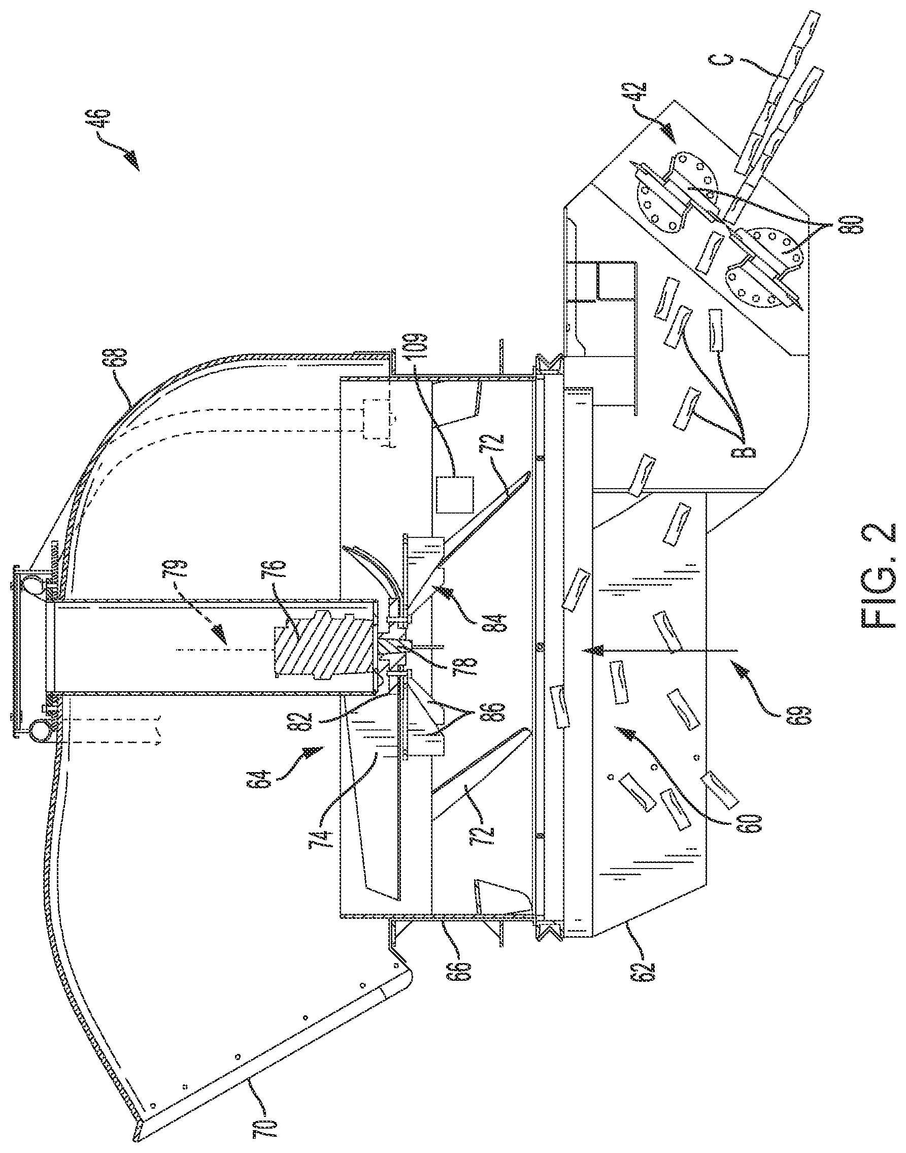 Patent US12616095 Figure 2 – Primary extractor of a sugarcane harvester including variable angle guide vanes