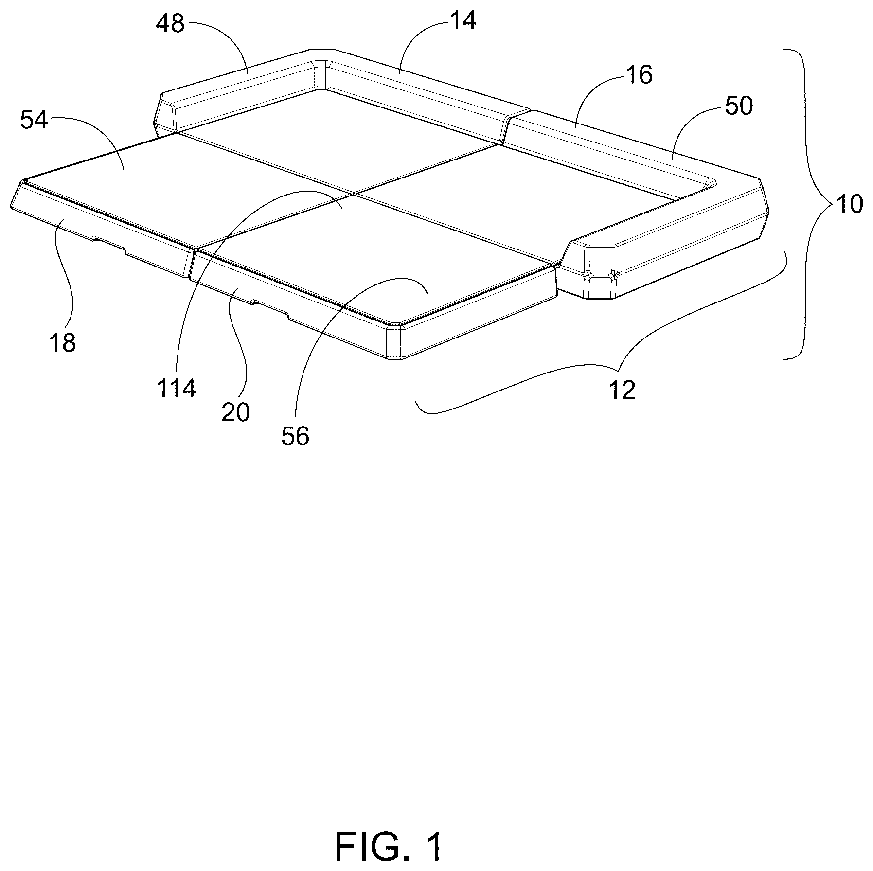 Patent US12616168 Figure 1 – Modular and interlocking foldable portable dog bed