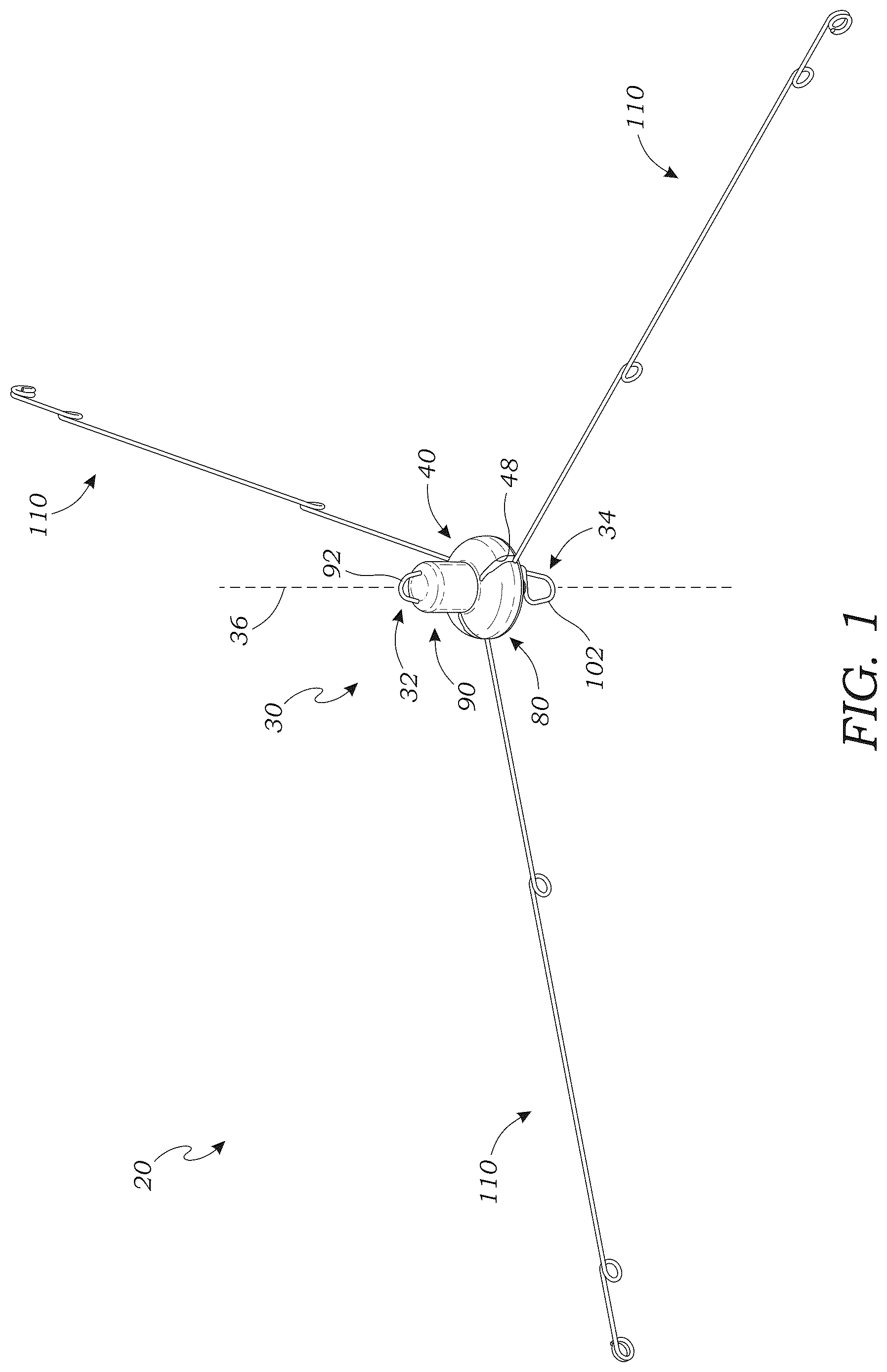 Patent US12616181 Figure 1 – Collapsible umbrella fishing rig apparatus and method of use