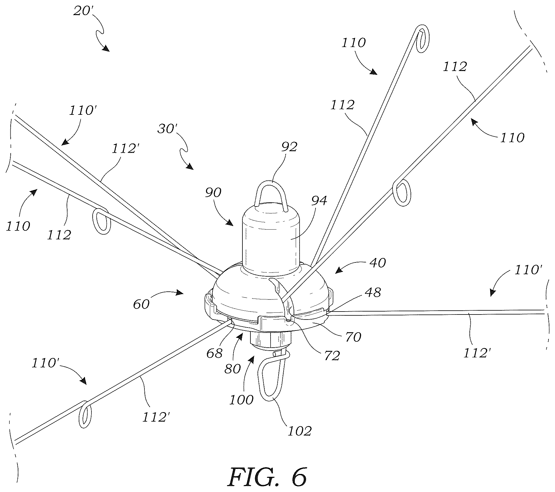 Patent US12616181 Figure 6 – Collapsible umbrella fishing rig apparatus and method of use