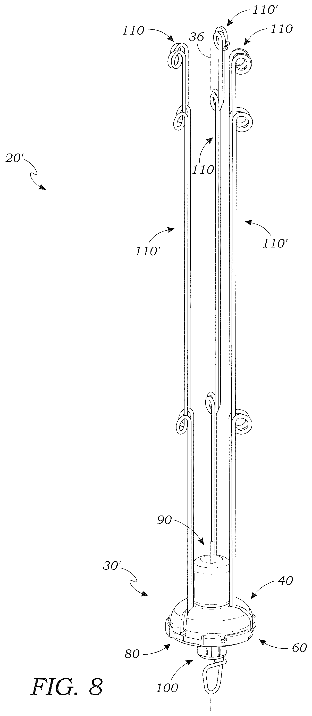 Patent US12616181 Figure 8 – Collapsible umbrella fishing rig apparatus and method of use