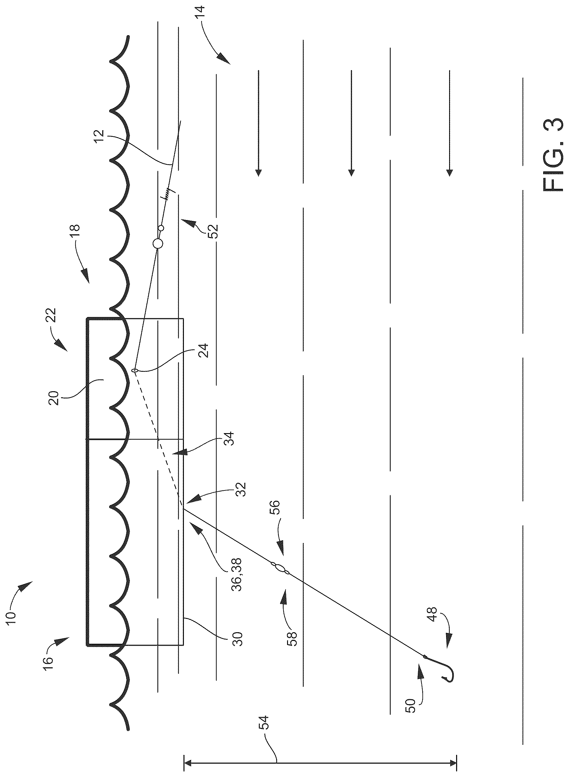 Patent US12616182 Figure 2 – Angled planar board and set configured to avoid fishing line entanglement
