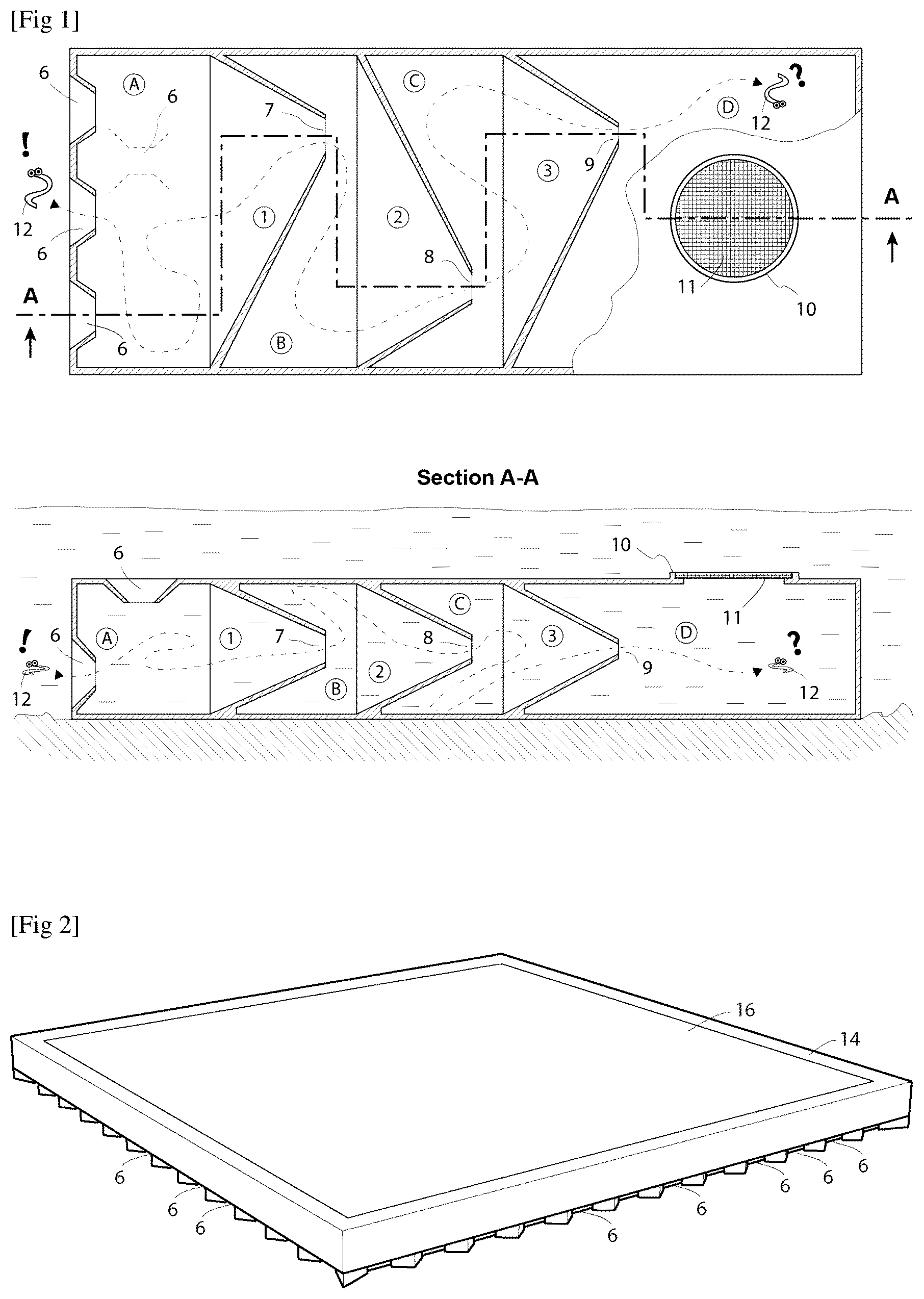 Patent US12616186 Figure 1 – Labyrinth for capturing and destroying mosquito larvae