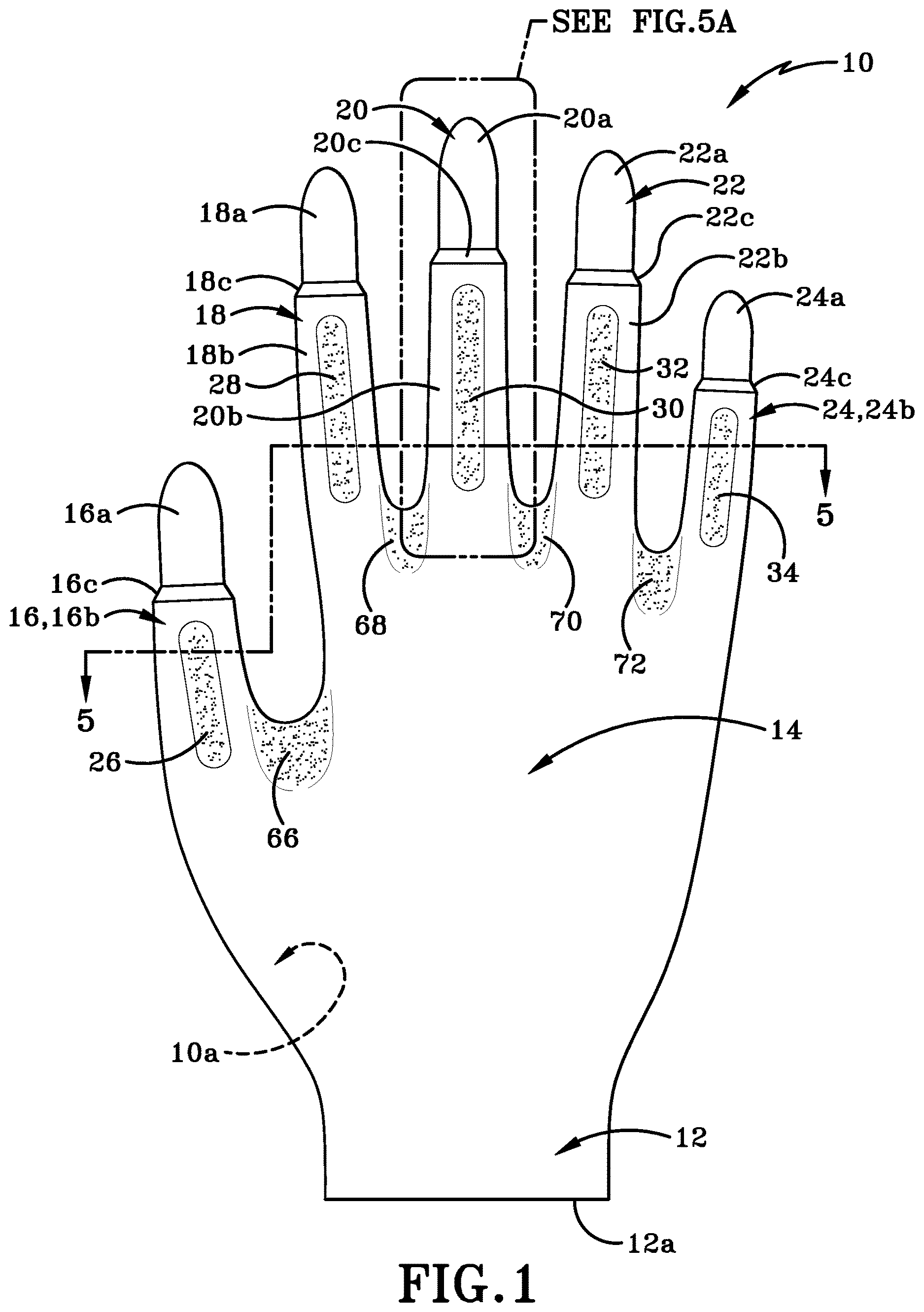 Patent US12616259 Figure 1 – Glove with longitudinal finger stays and textured finger and thumb crotches
