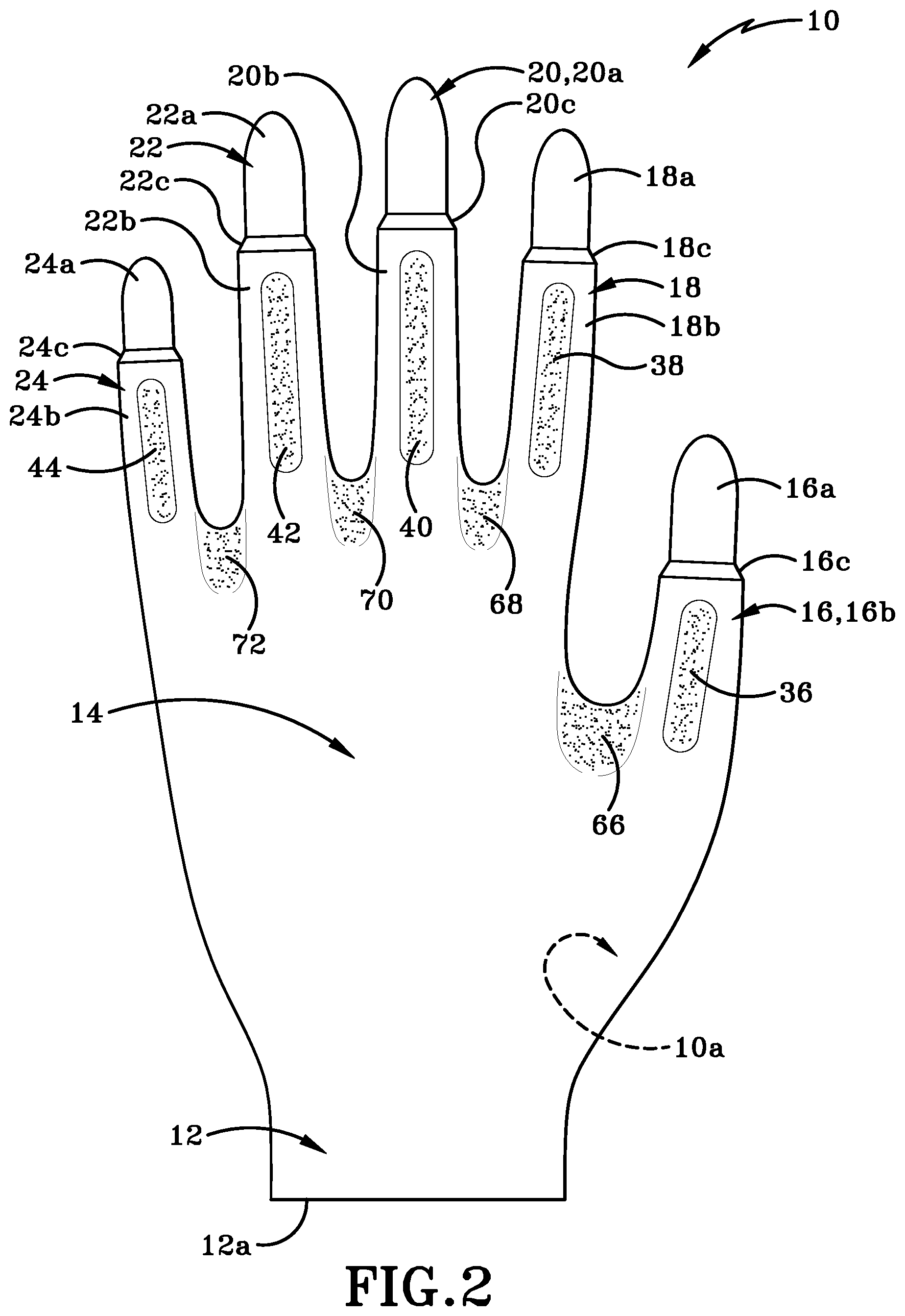 Patent US12616259 Figure 2 – Glove with longitudinal finger stays and textured finger and thumb crotches
