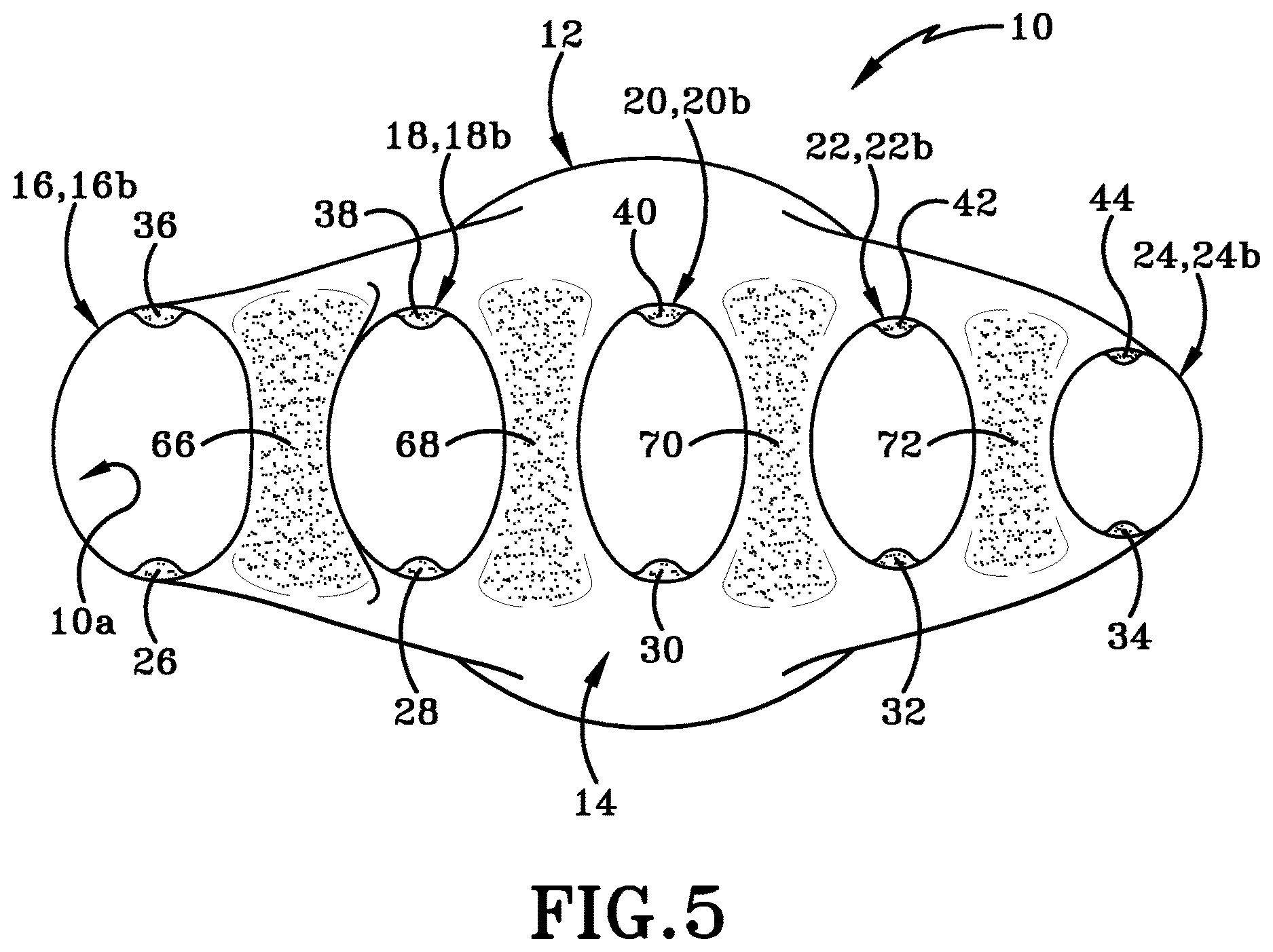 Patent US12616259 Figure 5 – Glove with longitudinal finger stays and textured finger and thumb crotches