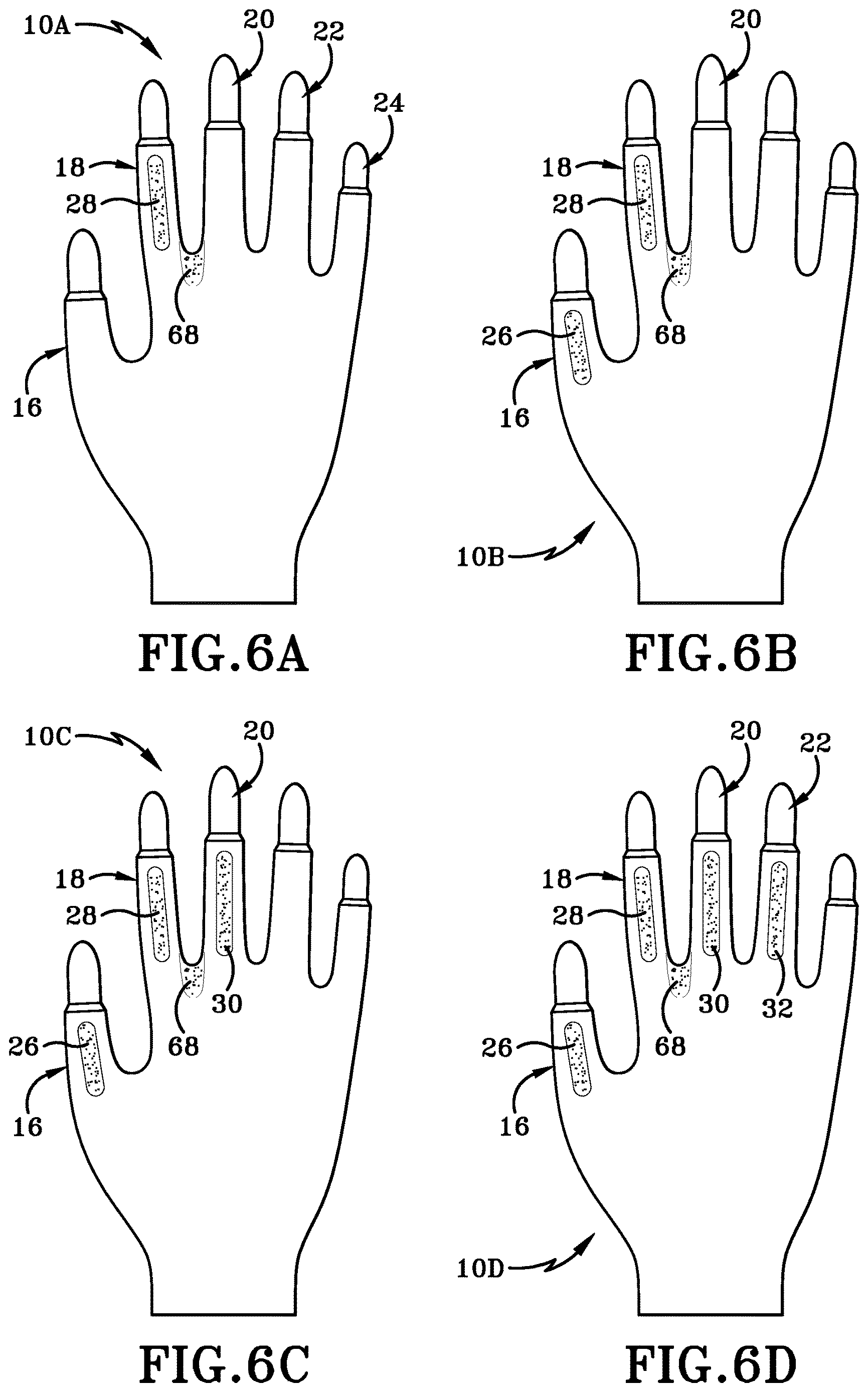 Patent US12616259 Figure 8 – Glove with longitudinal finger stays and textured finger and thumb crotches