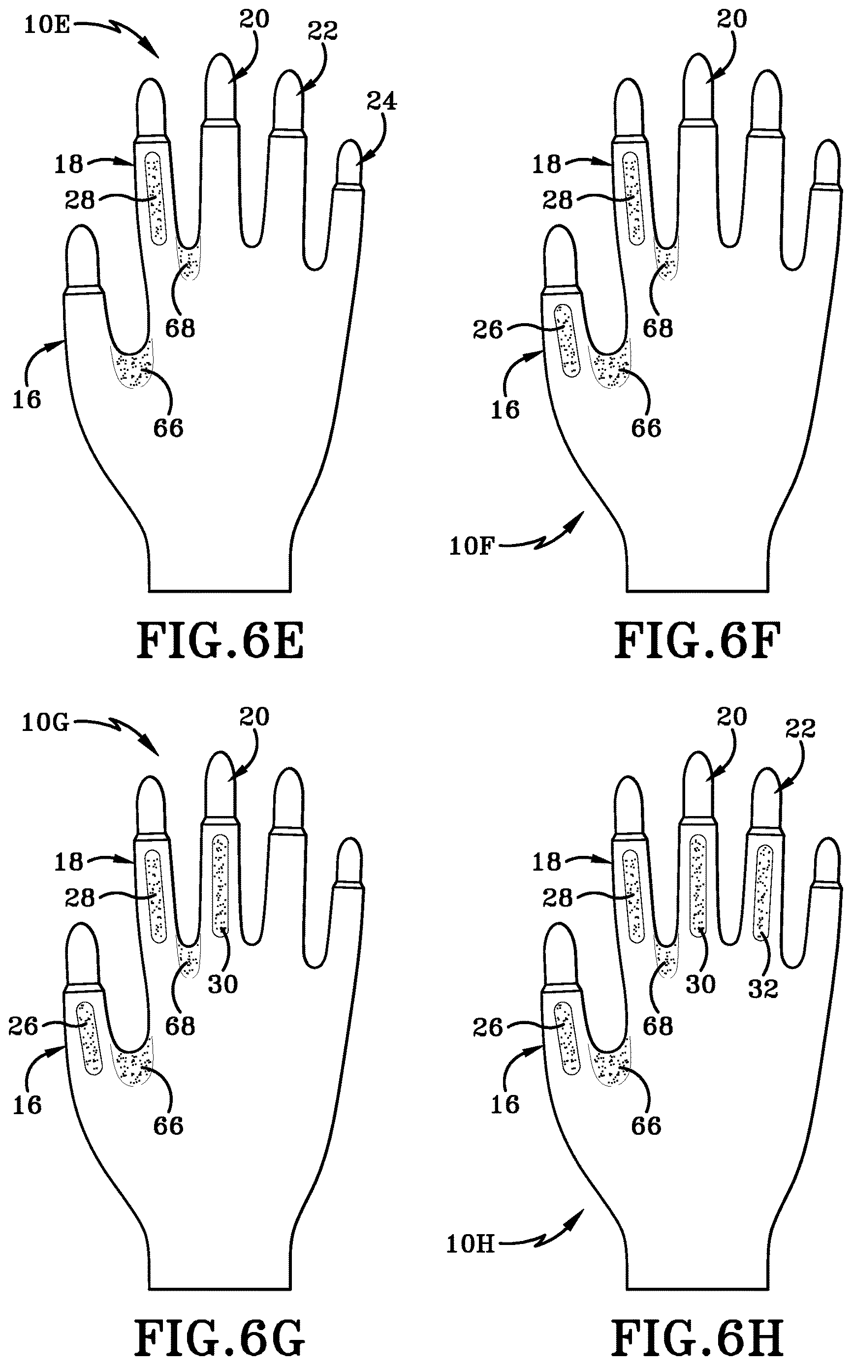 Patent US12616259 Figure 9 – Glove with longitudinal finger stays and textured finger and thumb crotches